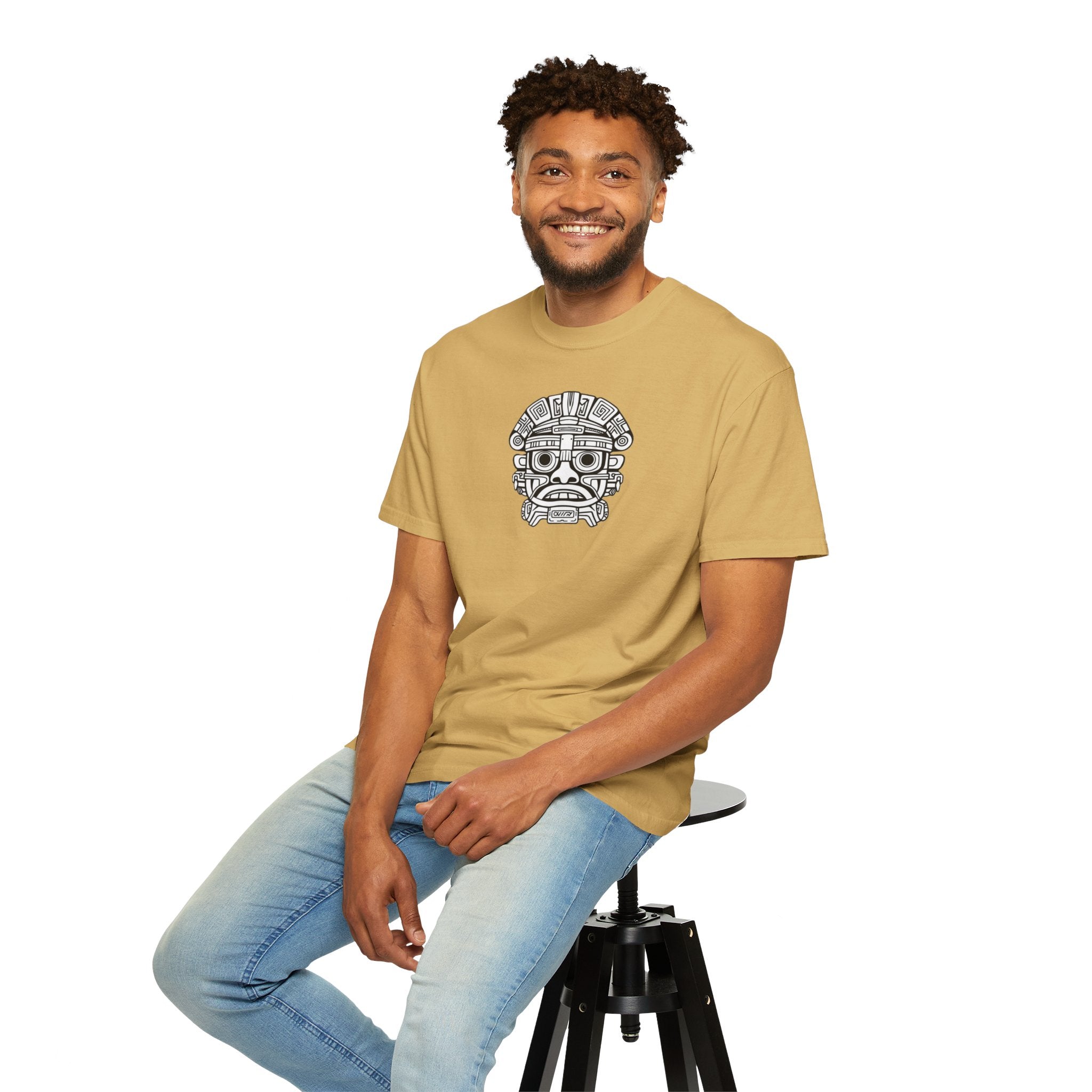 Aztec Mask Graphic T-Shirt — Tribal Face Illustration Tee