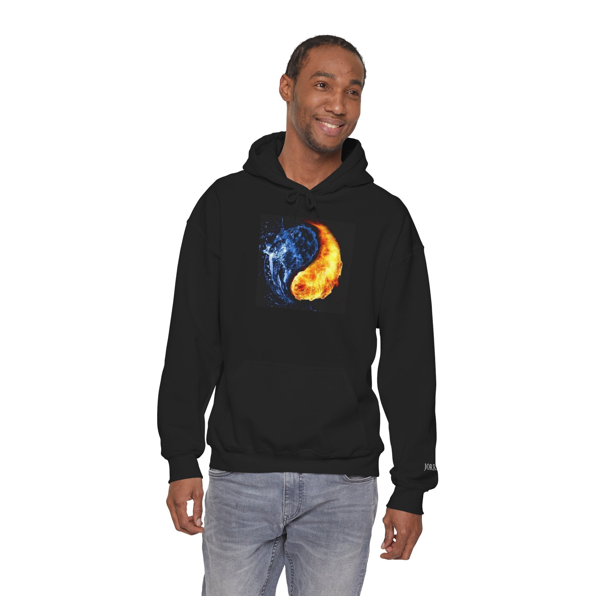 Fire and Water Yin Yang Hoodie — Elemental Flame & Ice Graphic Sweatshirt