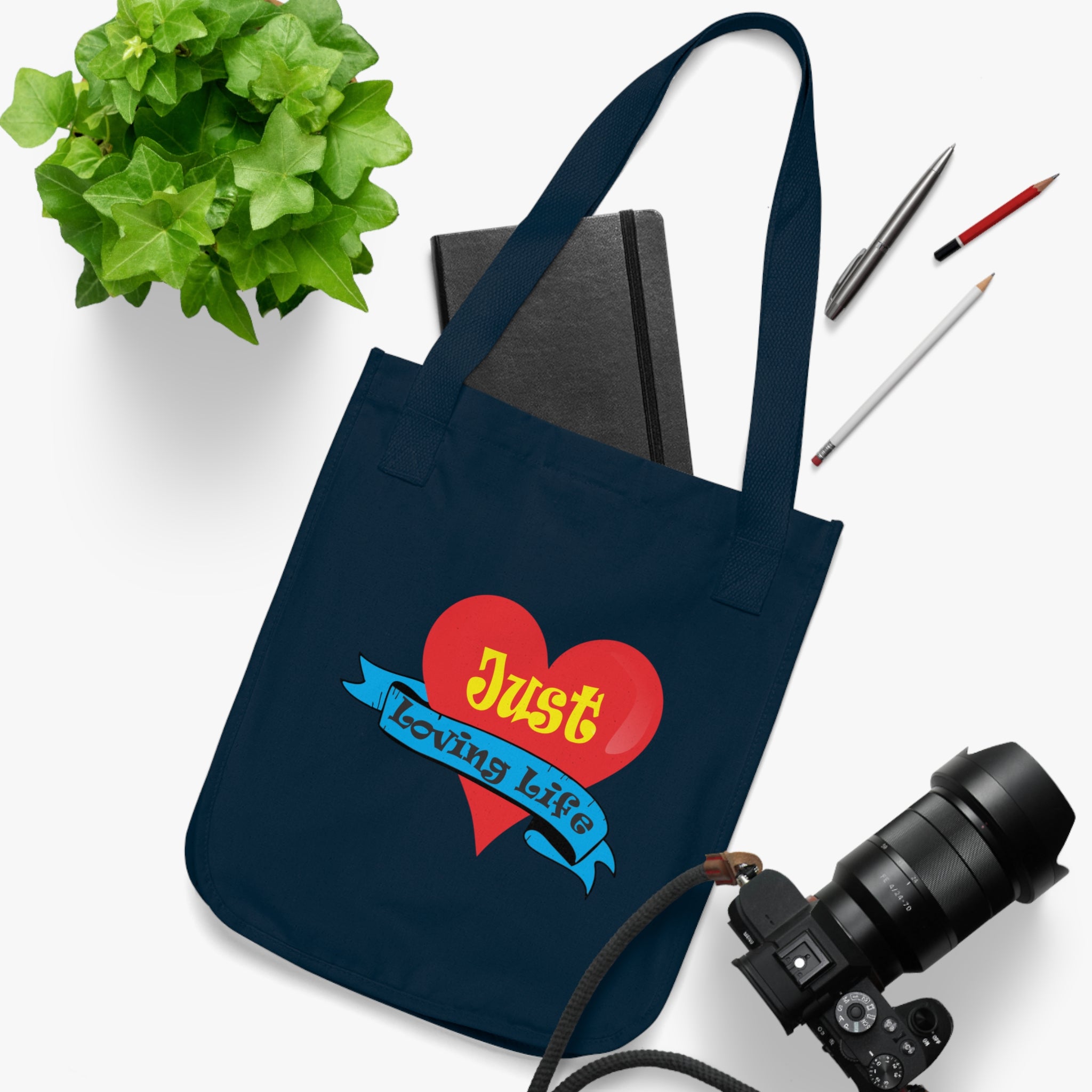 Just Loving Life Organic Canvas Tote Bag – Heart Ribbon Positive Message Eco Tote