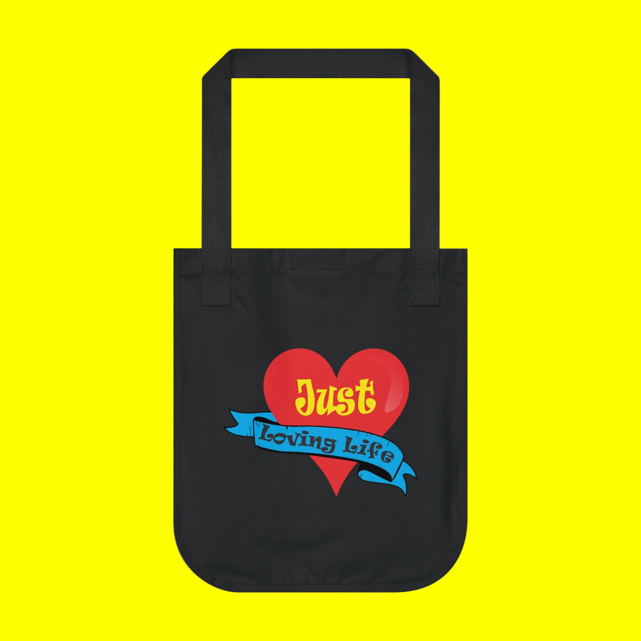 Just Loving Life Organic Canvas Tote Bag – Heart Ribbon Positive Message Eco Tote