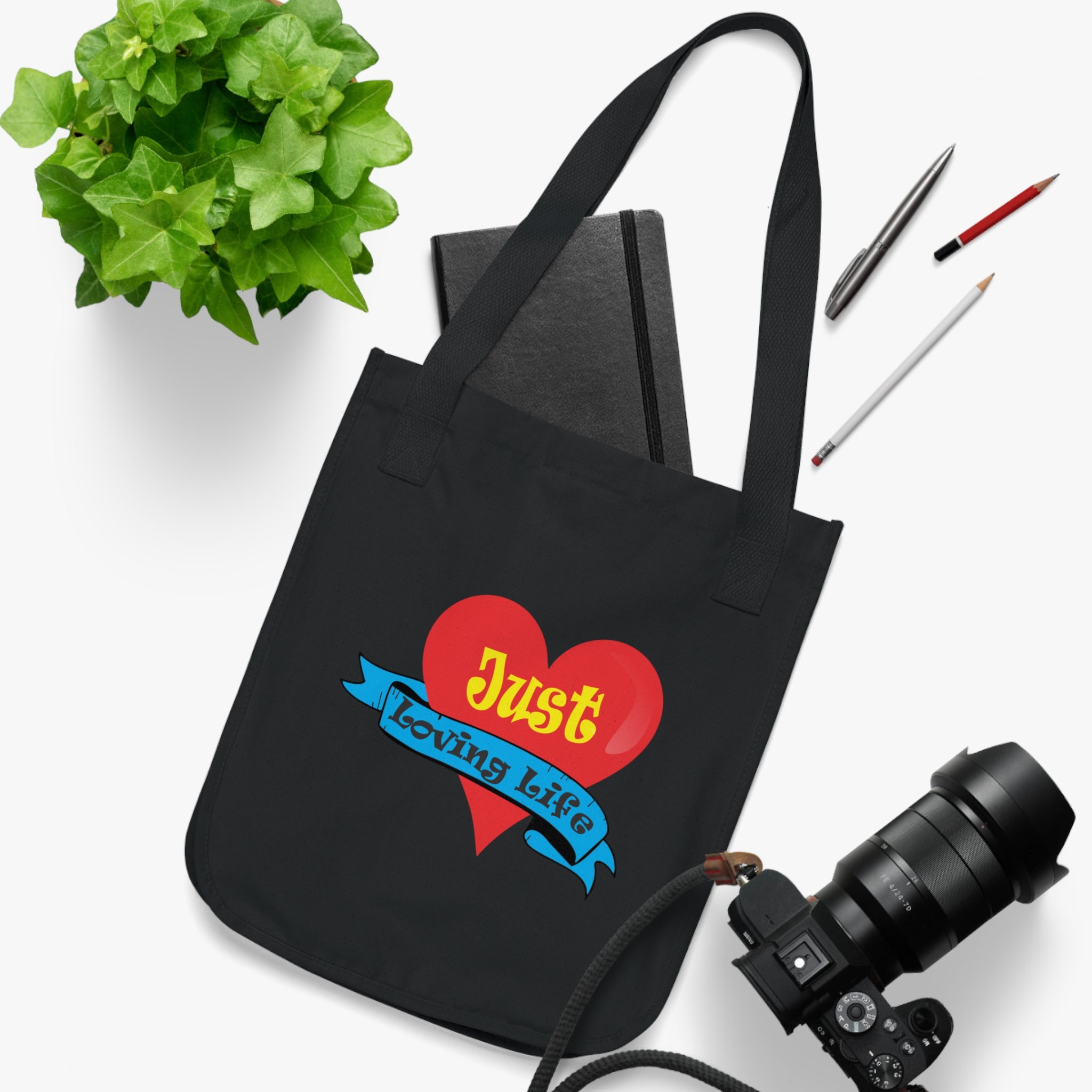 Just Loving Life Organic Canvas Tote Bag – Heart Ribbon Positive Message Eco Tote