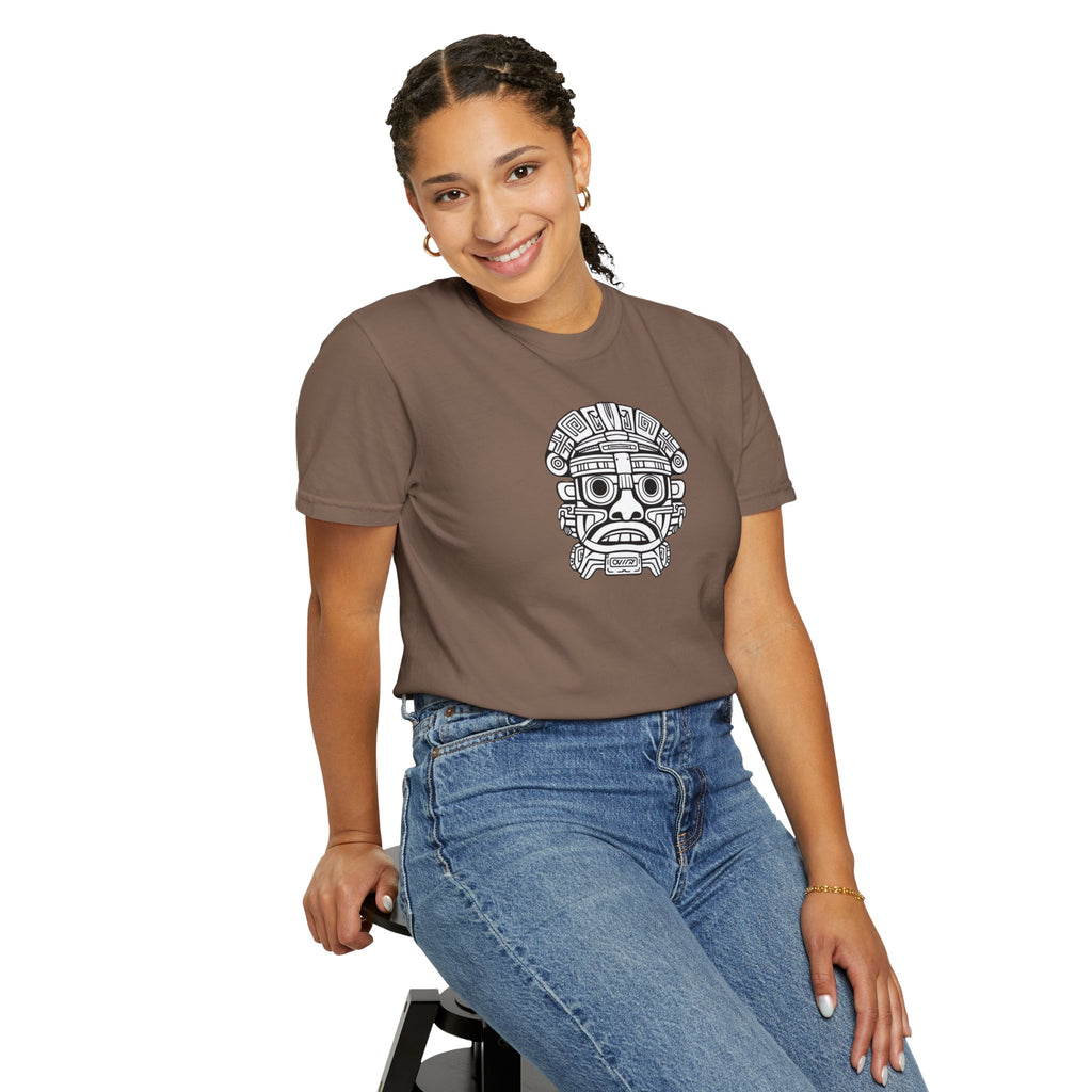 Aztec Mask Graphic T-Shirt — Tribal Face Illustration Tee