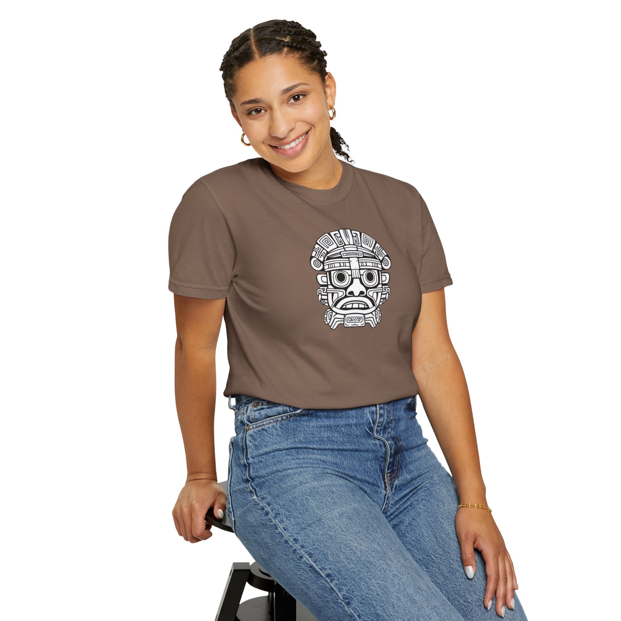 Aztec Mask Graphic T-Shirt — Tribal Face Illustration Tee