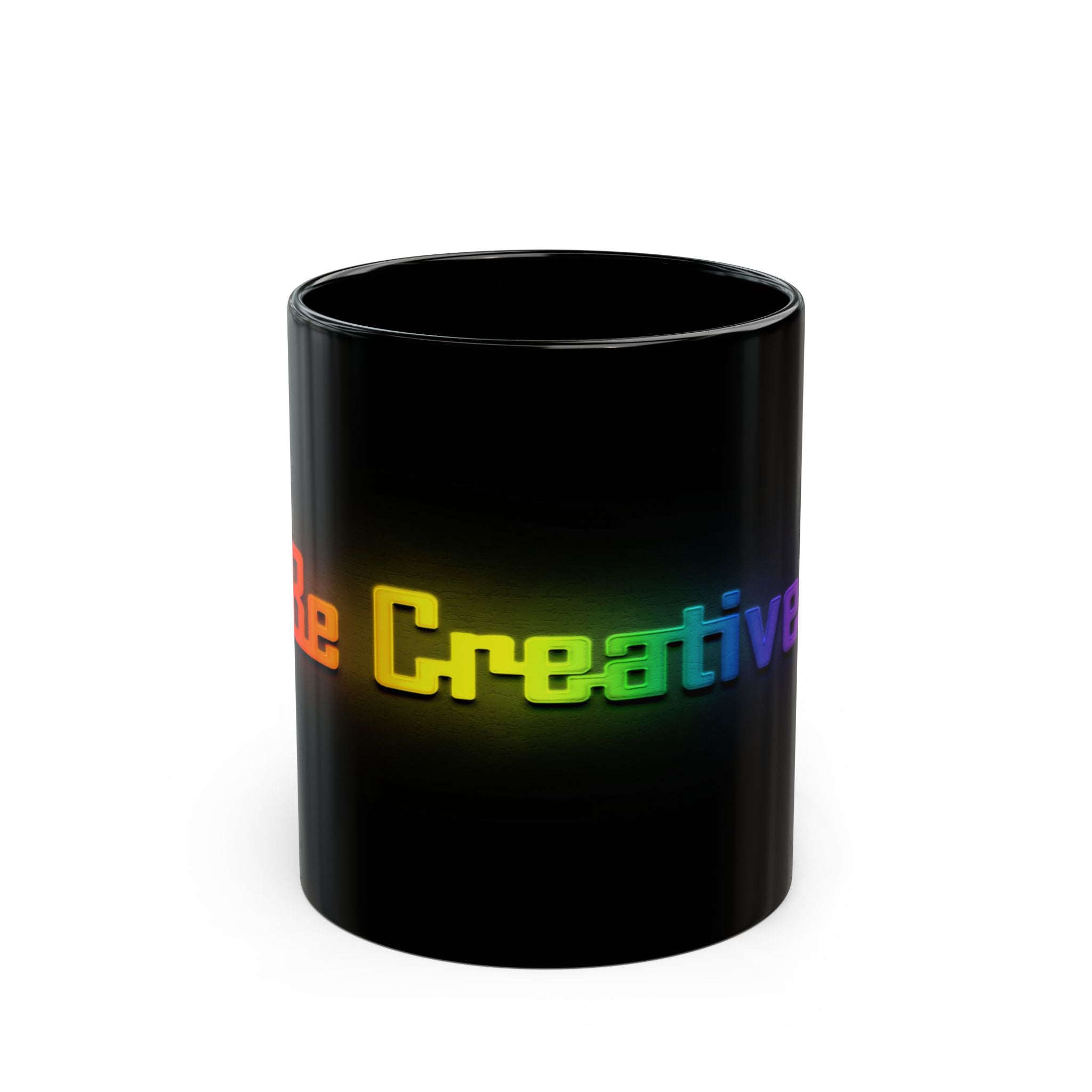 Rainbow "Be Creative" Black Coffee Mug — Colorful Inspirational Ceramic Mug (11oz, 15oz)