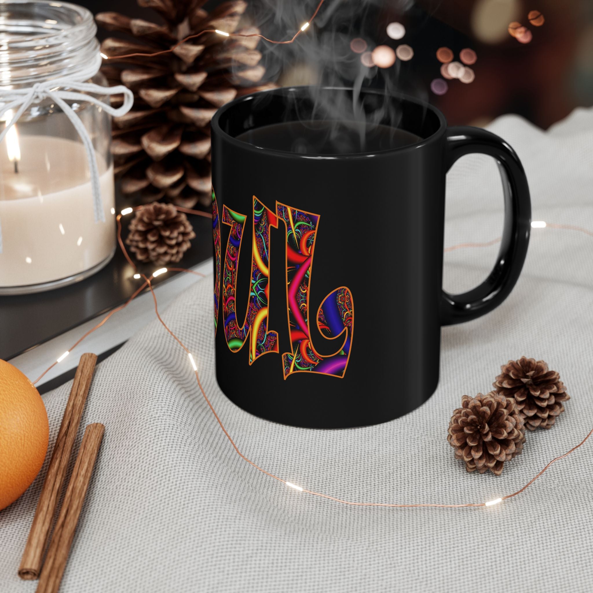 Spiritual Soul Black Mug — Colorful Psychedelic "Soul" Design (11oz/15oz)