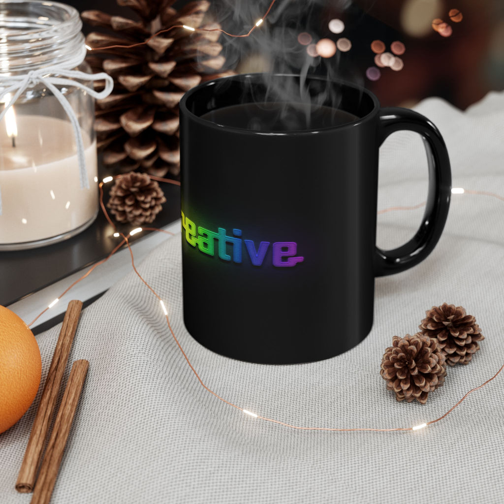 Rainbow "Be Creative" Black Coffee Mug — Colorful Inspirational Ceramic Mug (11oz, 15oz)