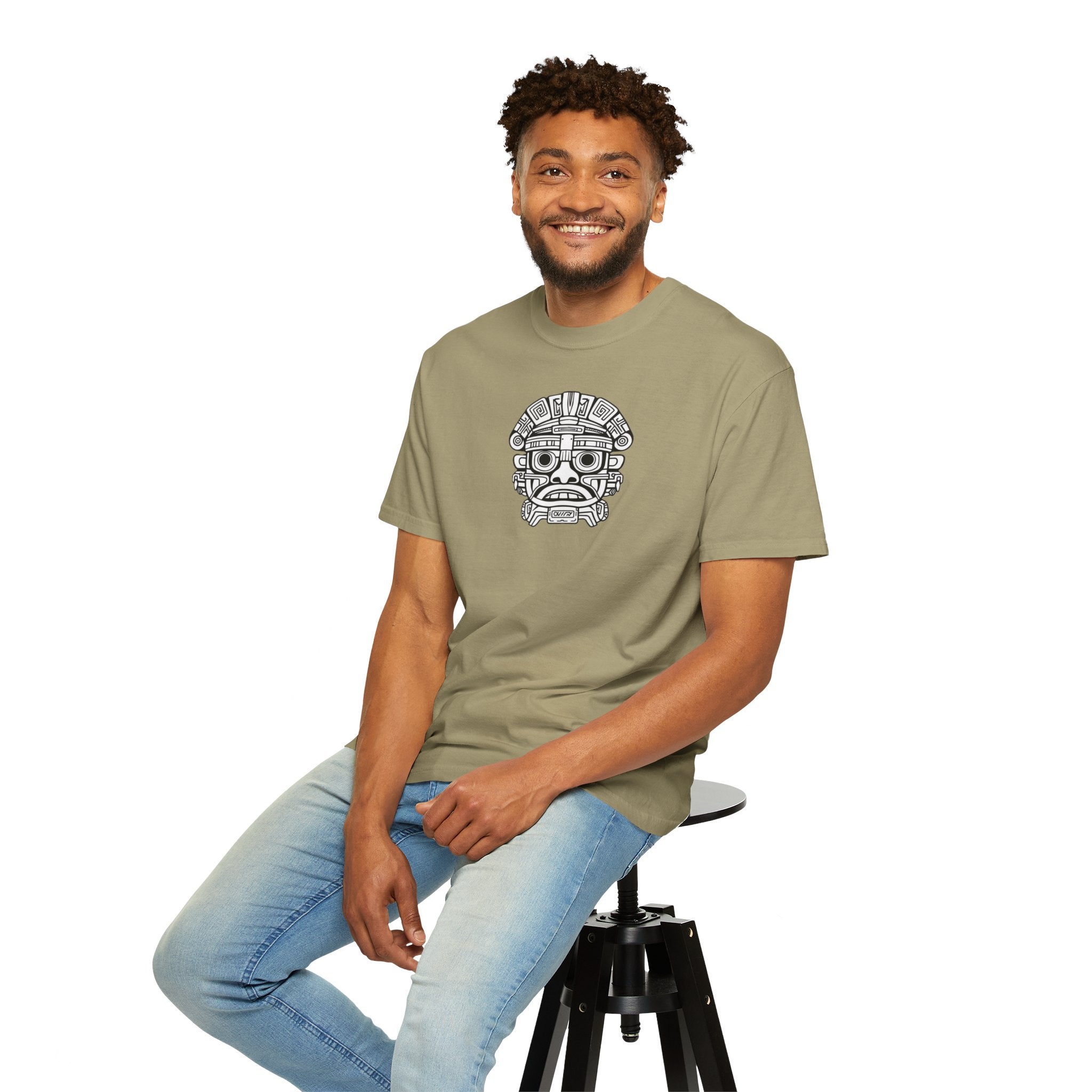 Aztec Mask Graphic T-Shirt — Tribal Face Illustration Tee