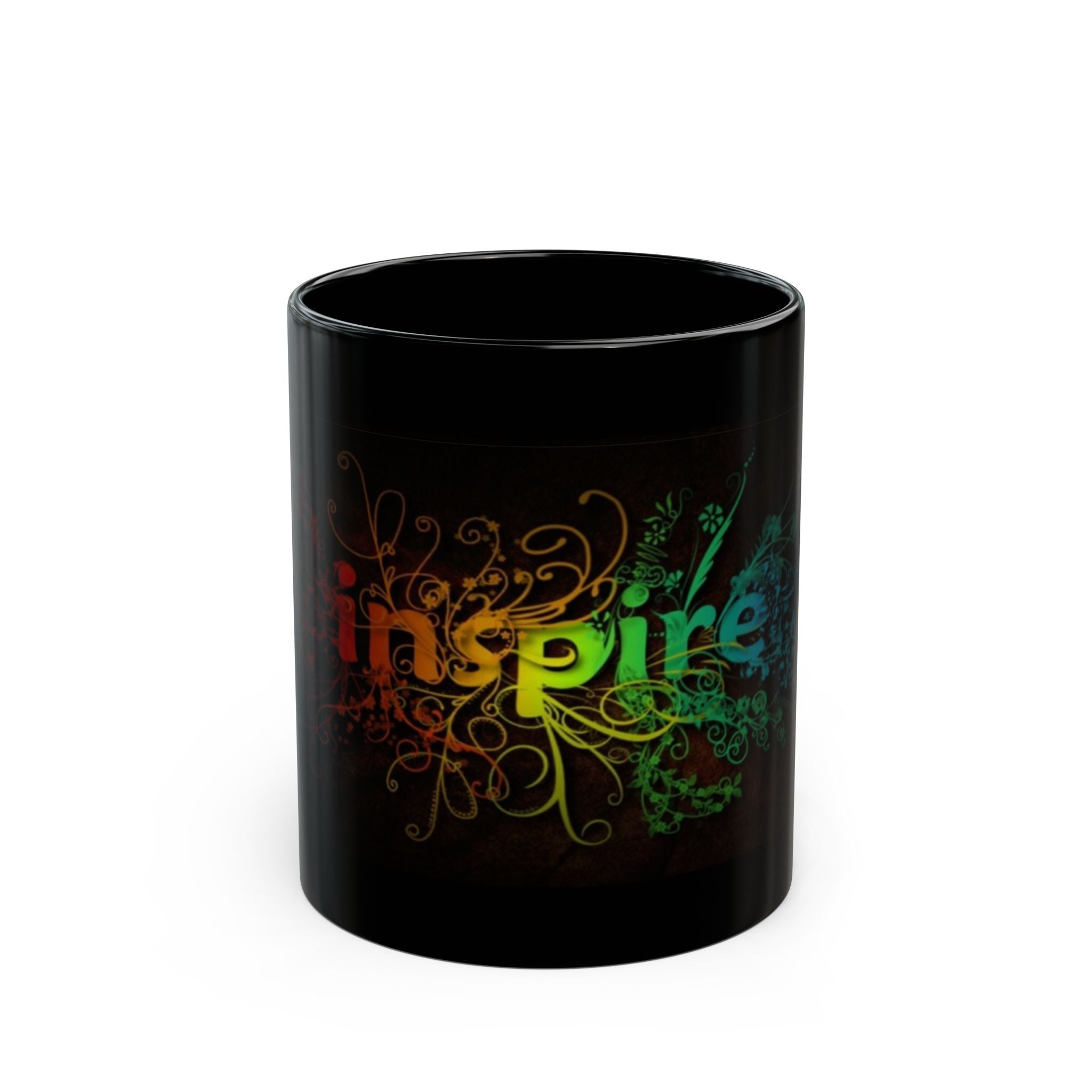 Inspirational 'Inspire' Black Coffee Mug — Colorful Floral Typography (11oz & 15oz)