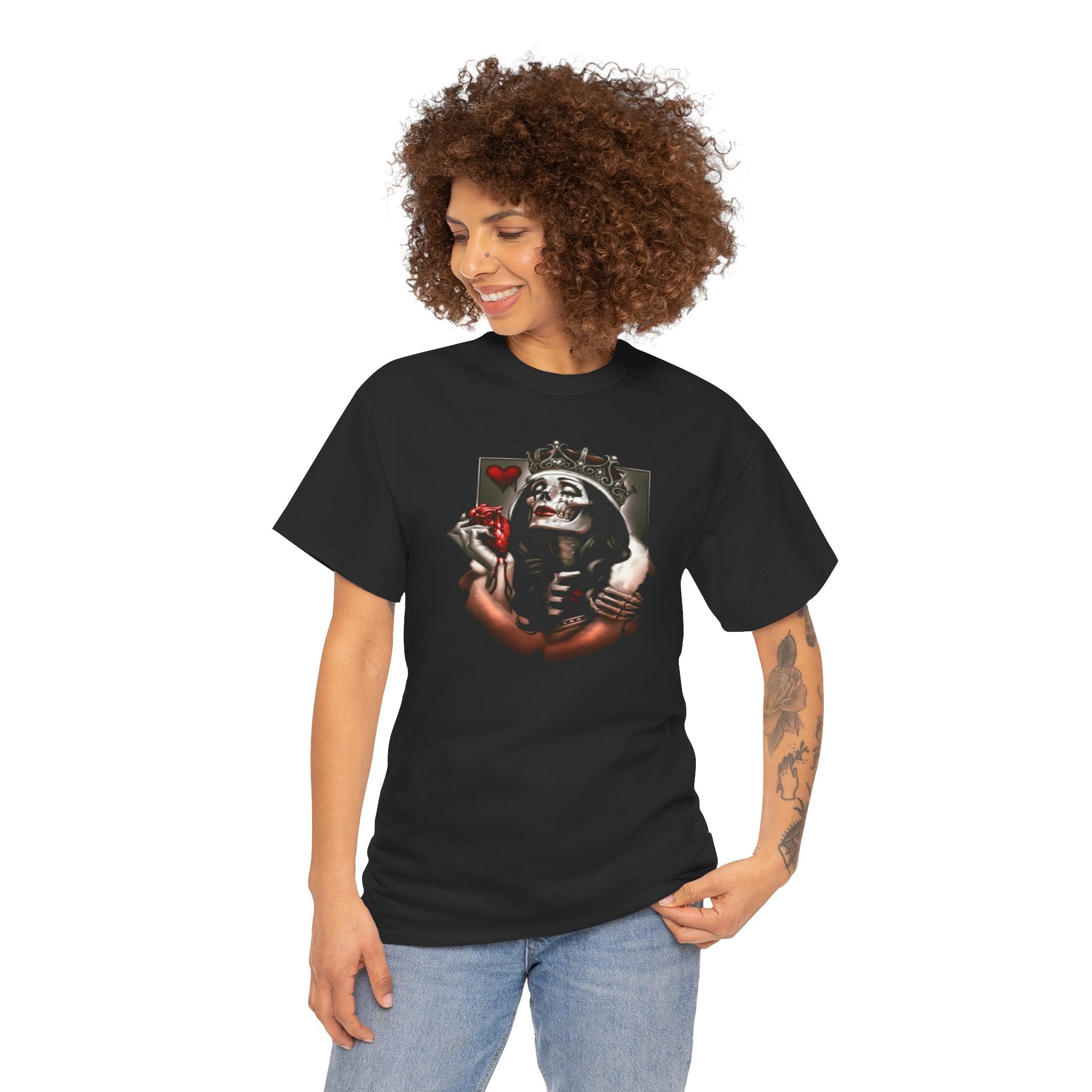 Skull Queen Holding Heart T-Shirt — Gothic Crowned Skeleton Graphic Tee