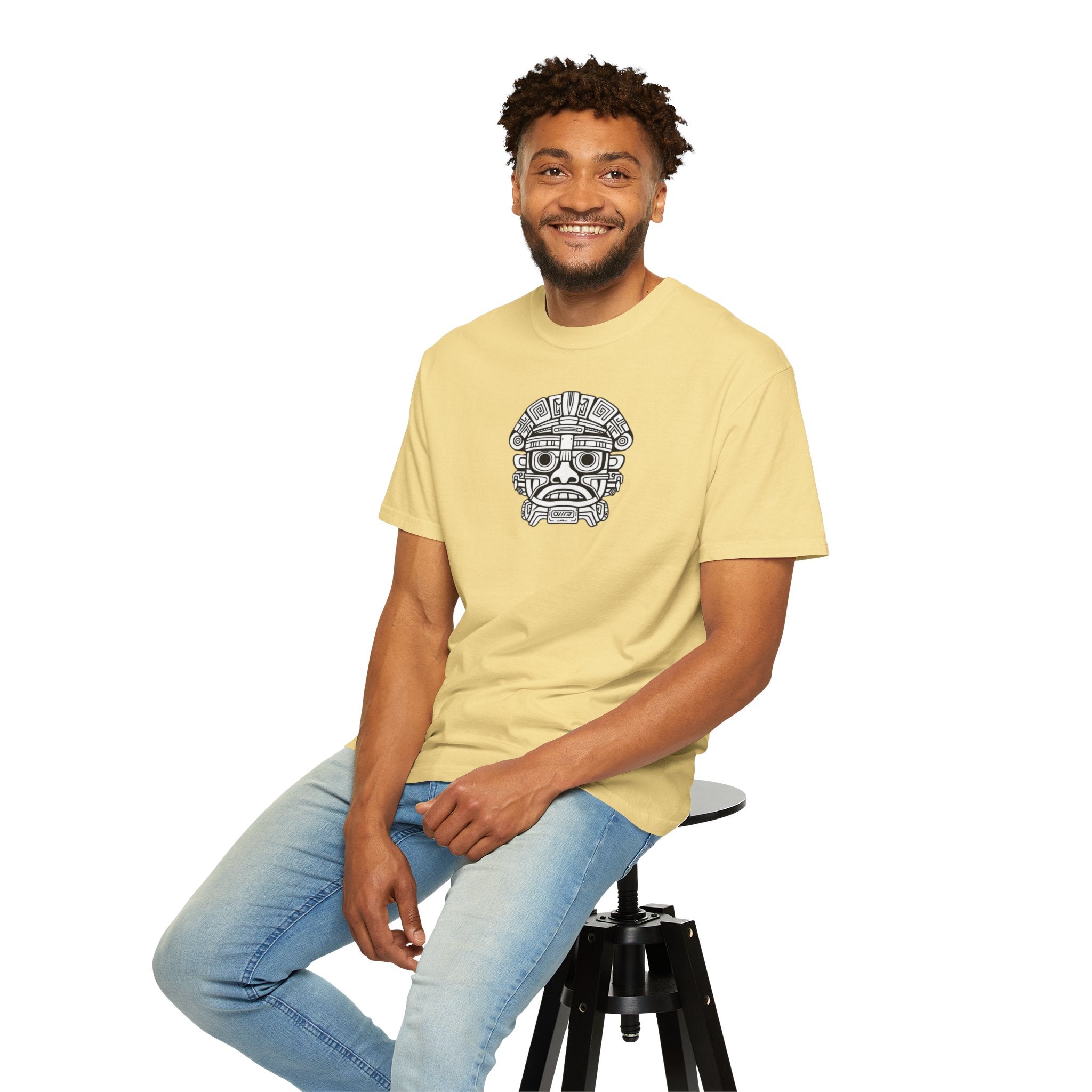 Aztec Mask Graphic T-Shirt — Tribal Face Illustration Tee