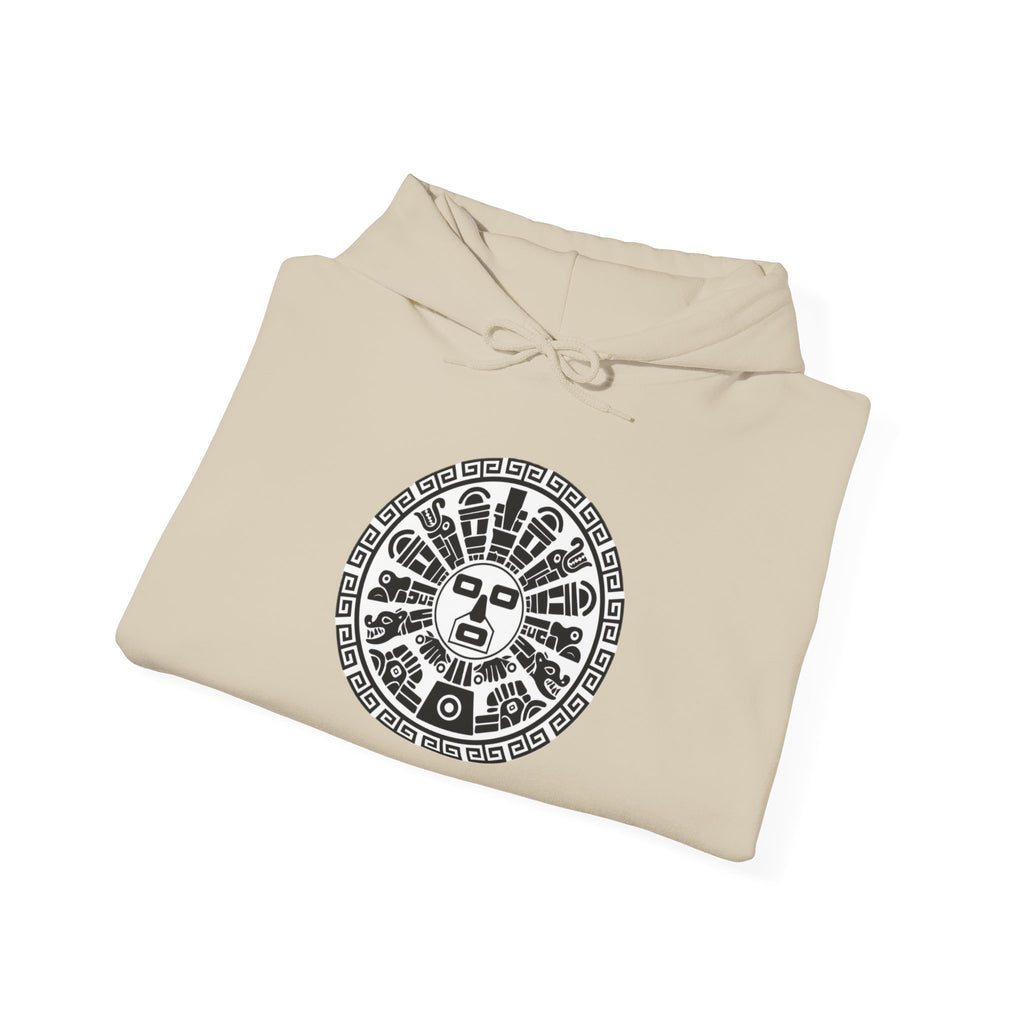 Aztec Sun Calendar Hoodie — Vintage Mayan Glyph Graphic Sweatshirt