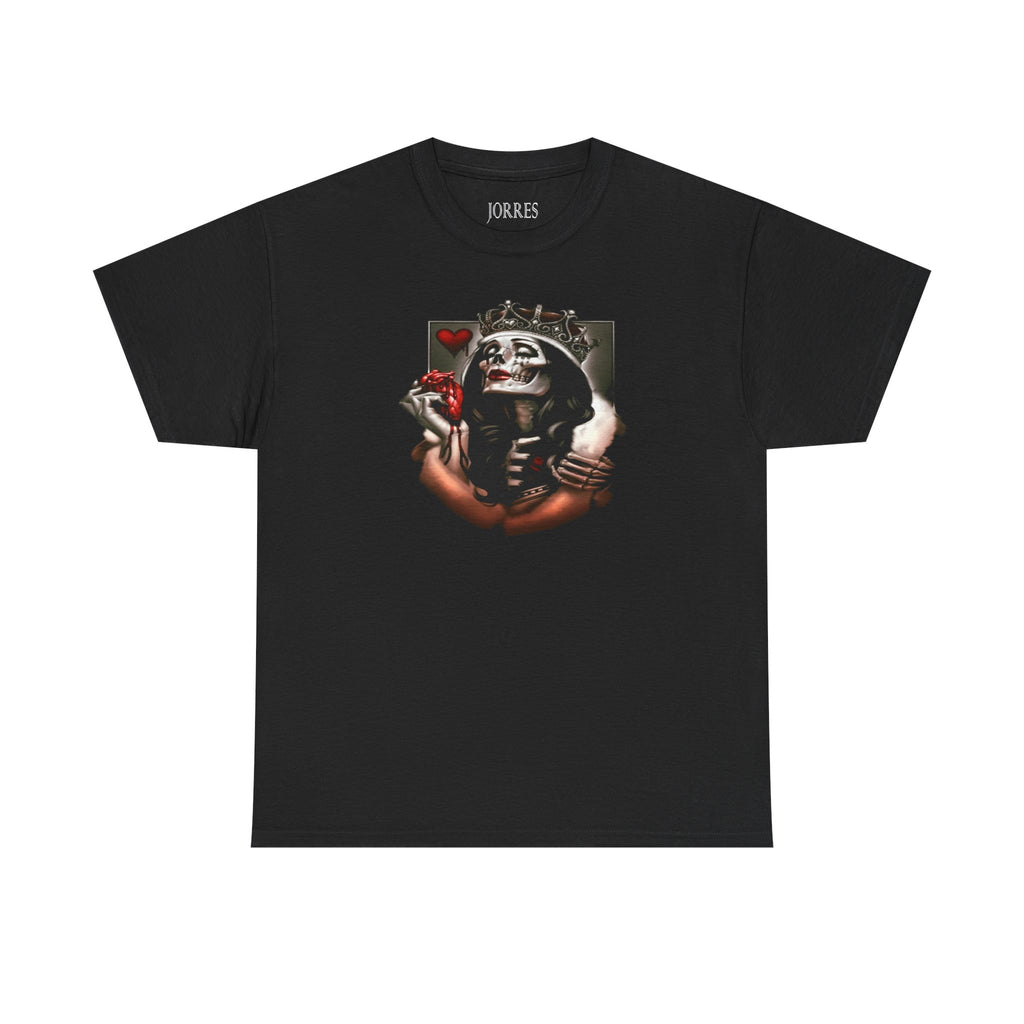Skull Queen Holding Heart T-Shirt — Gothic Crowned Skeleton Graphic Tee