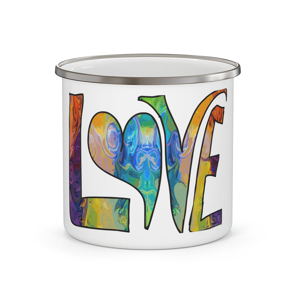Enamel Mug — Colorful 'LOVE' Swirl Camping Cup | Retro Boho Outdoor Coffee Mug