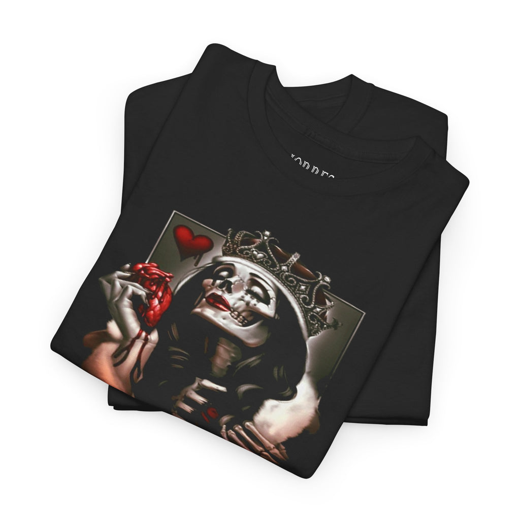 Skull Queen Holding Heart T-Shirt — Gothic Crowned Skeleton Graphic Tee
