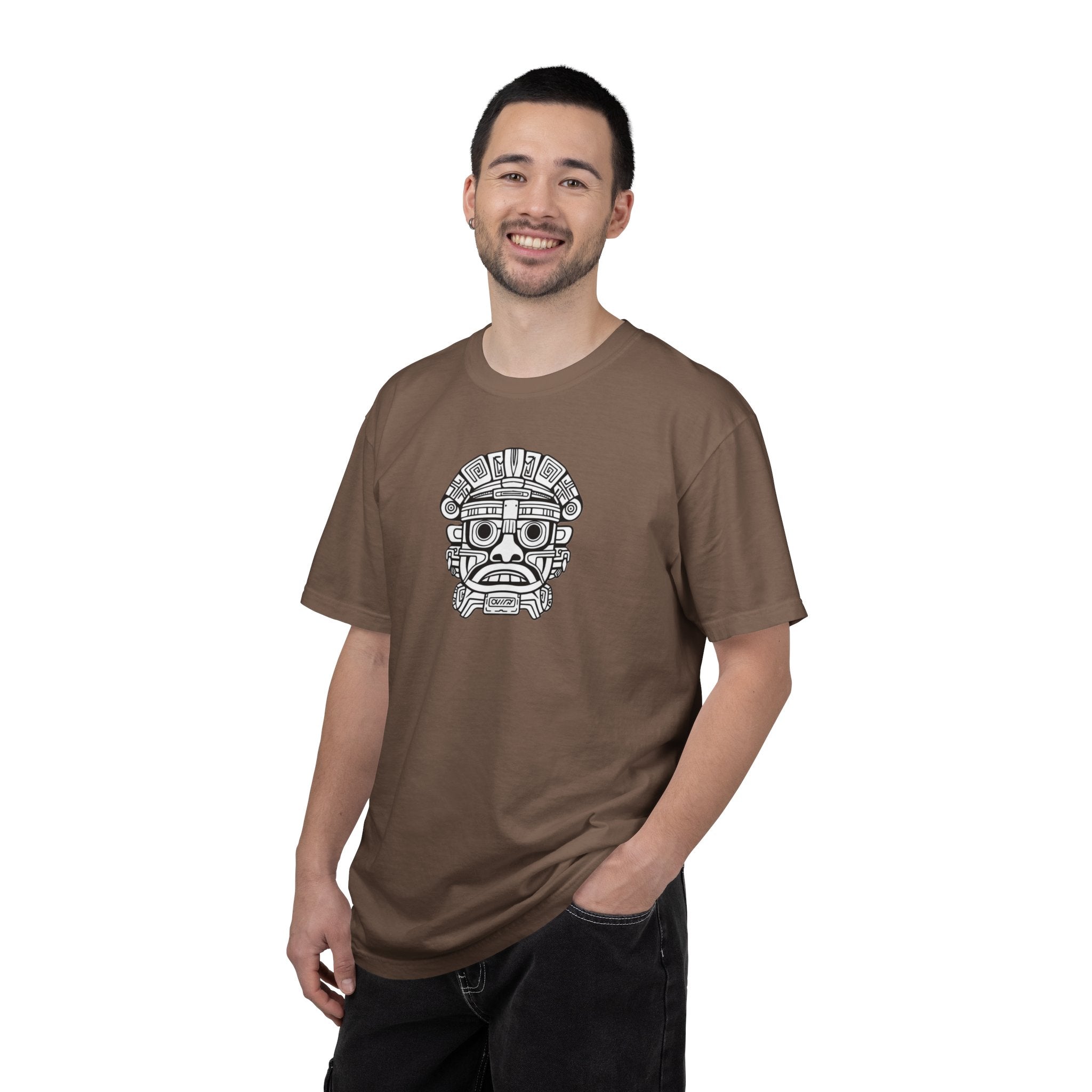 Aztec Mask Graphic T-Shirt — Tribal Face Illustration Tee