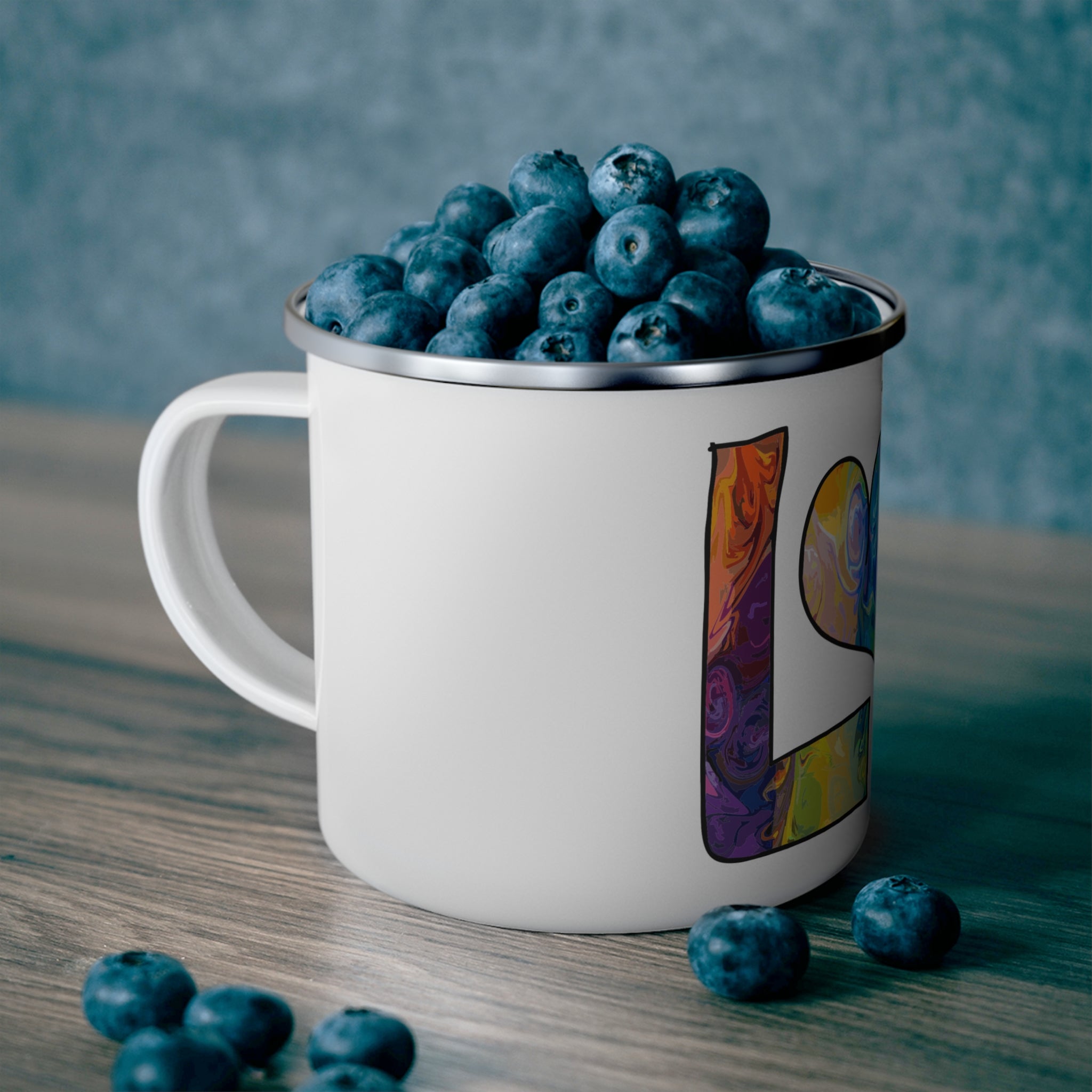 Enamel Mug — Colorful 'LOVE' Swirl Camping Cup | Retro Boho Outdoor Coffee Mug