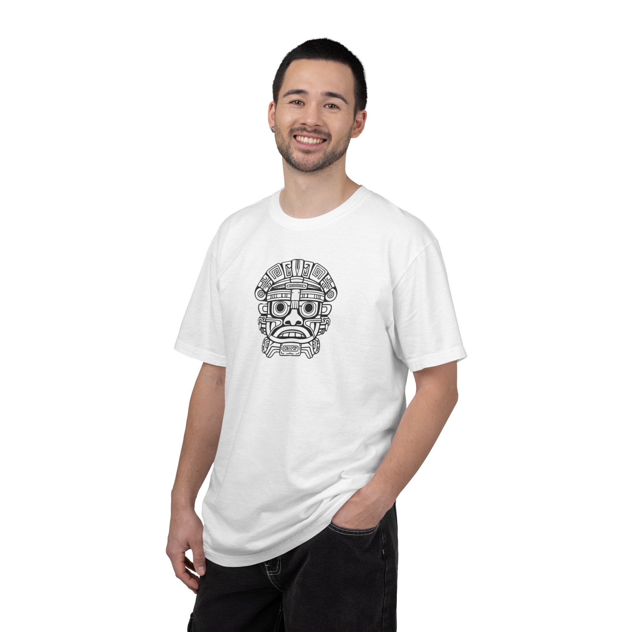 Aztec Mask Graphic T-Shirt — Tribal Face Illustration Tee
