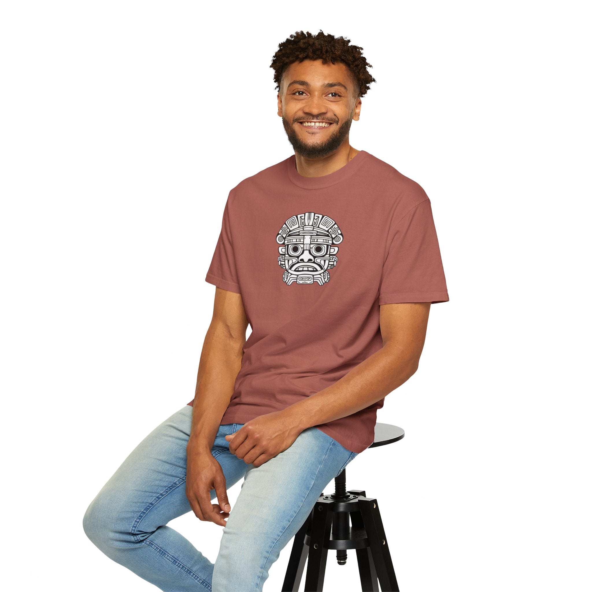 Aztec Mask Graphic T-Shirt — Tribal Face Illustration Tee