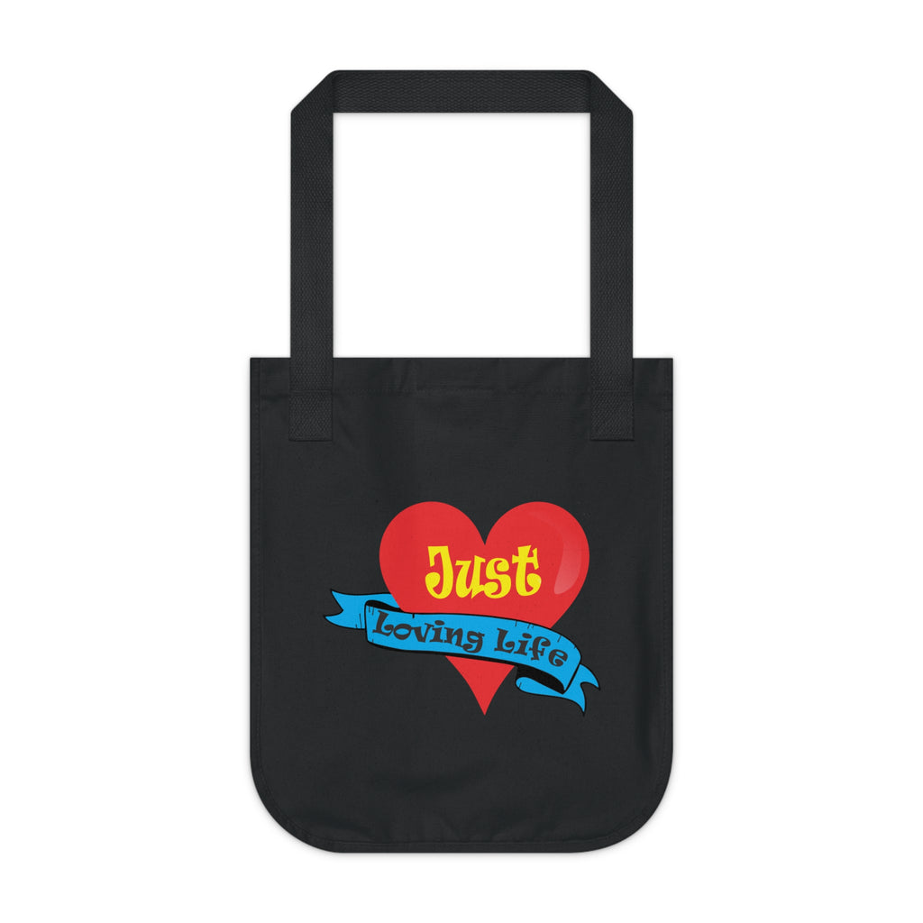 Just Loving Life Organic Canvas Tote Bag – Heart Ribbon Positive Message Eco Tote