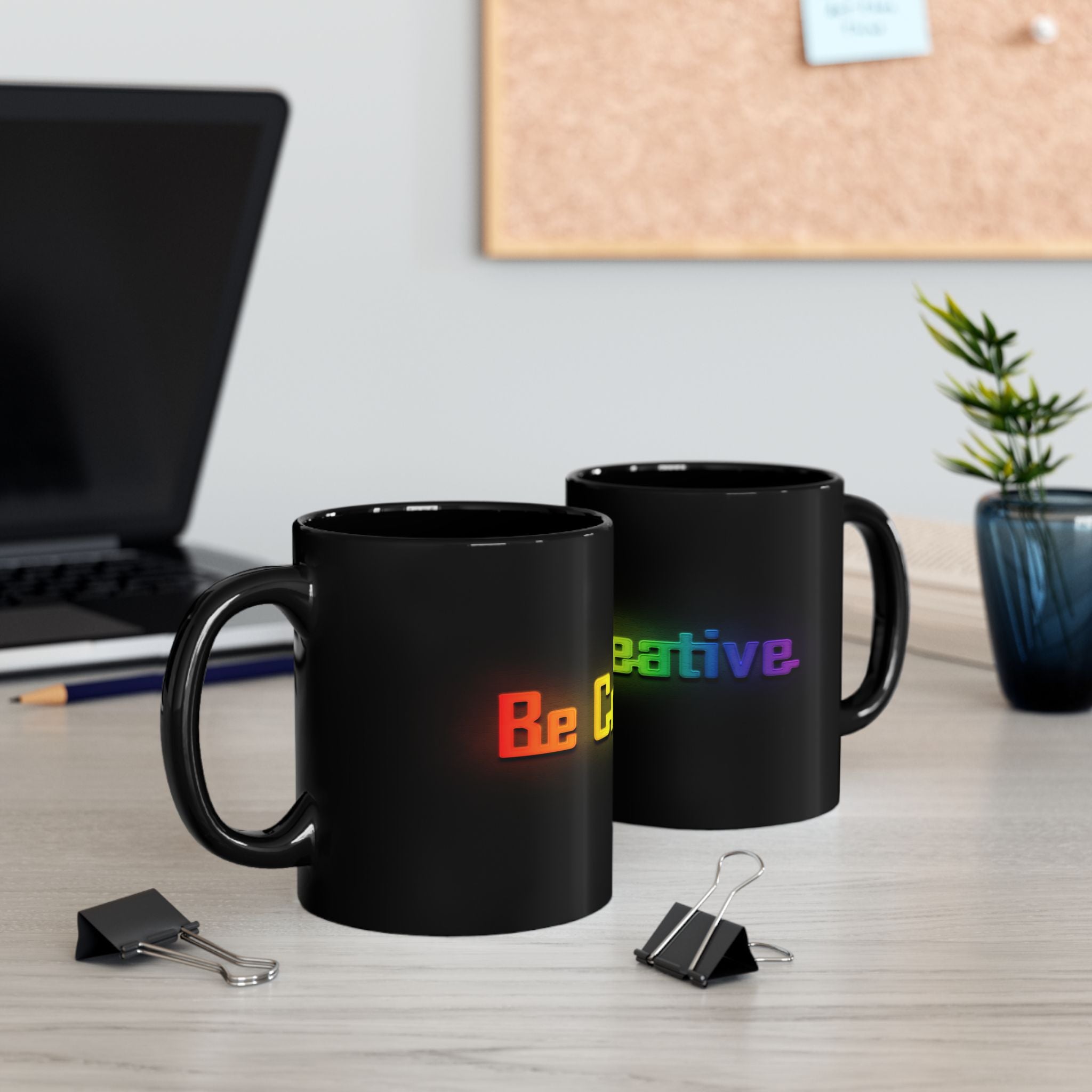 Rainbow "Be Creative" Black Coffee Mug — Colorful Inspirational Ceramic Mug (11oz, 15oz)