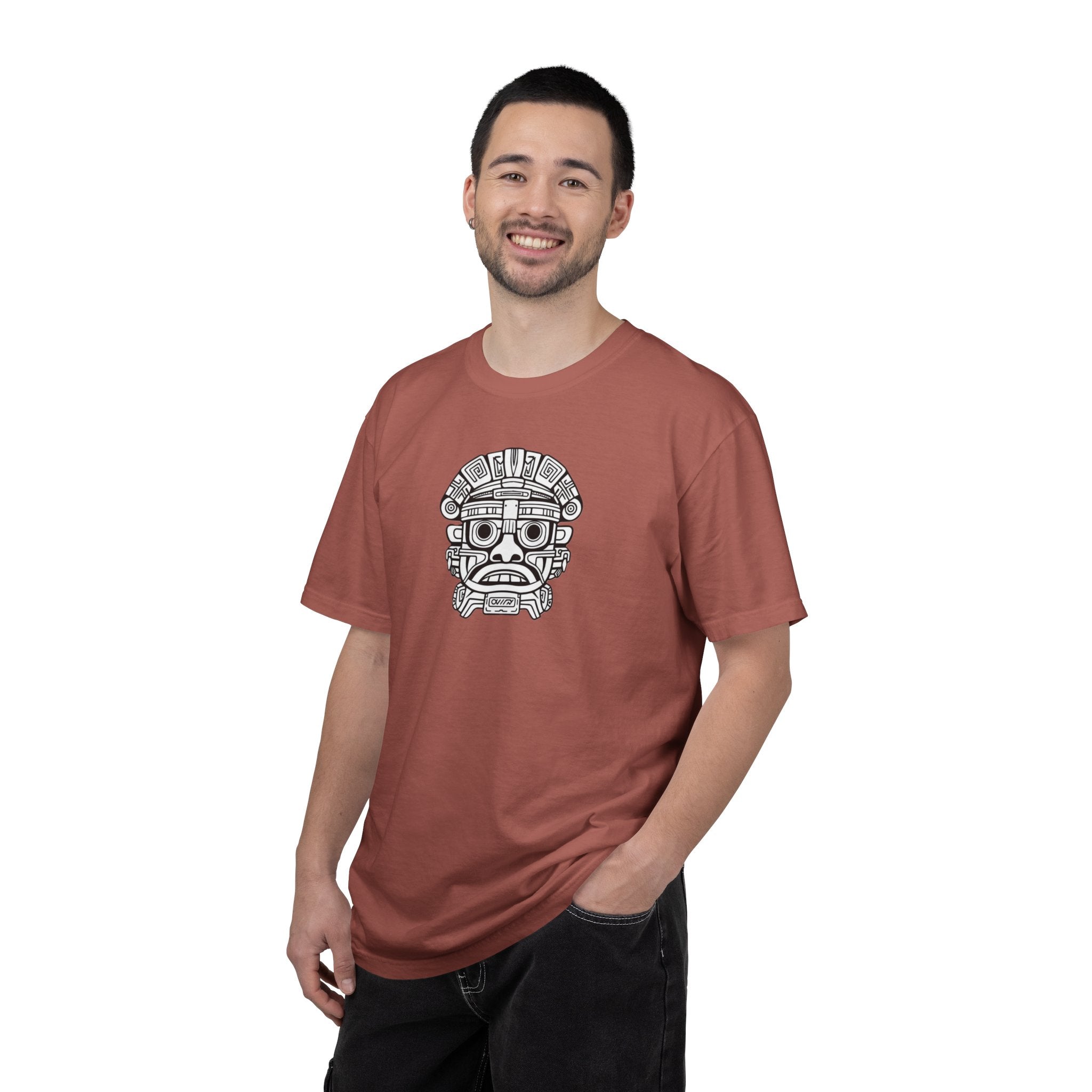 Aztec Mask Graphic T-Shirt — Tribal Face Illustration Tee