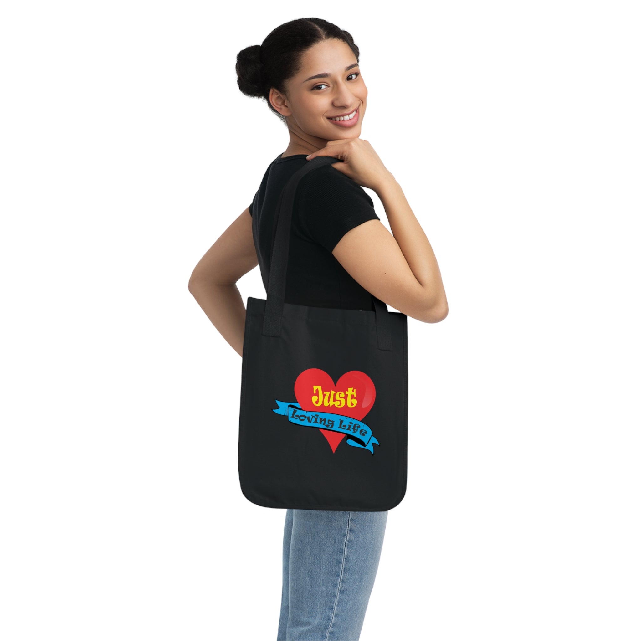 Just Loving Life Organic Canvas Tote Bag – Heart Ribbon Positive Message Eco Tote