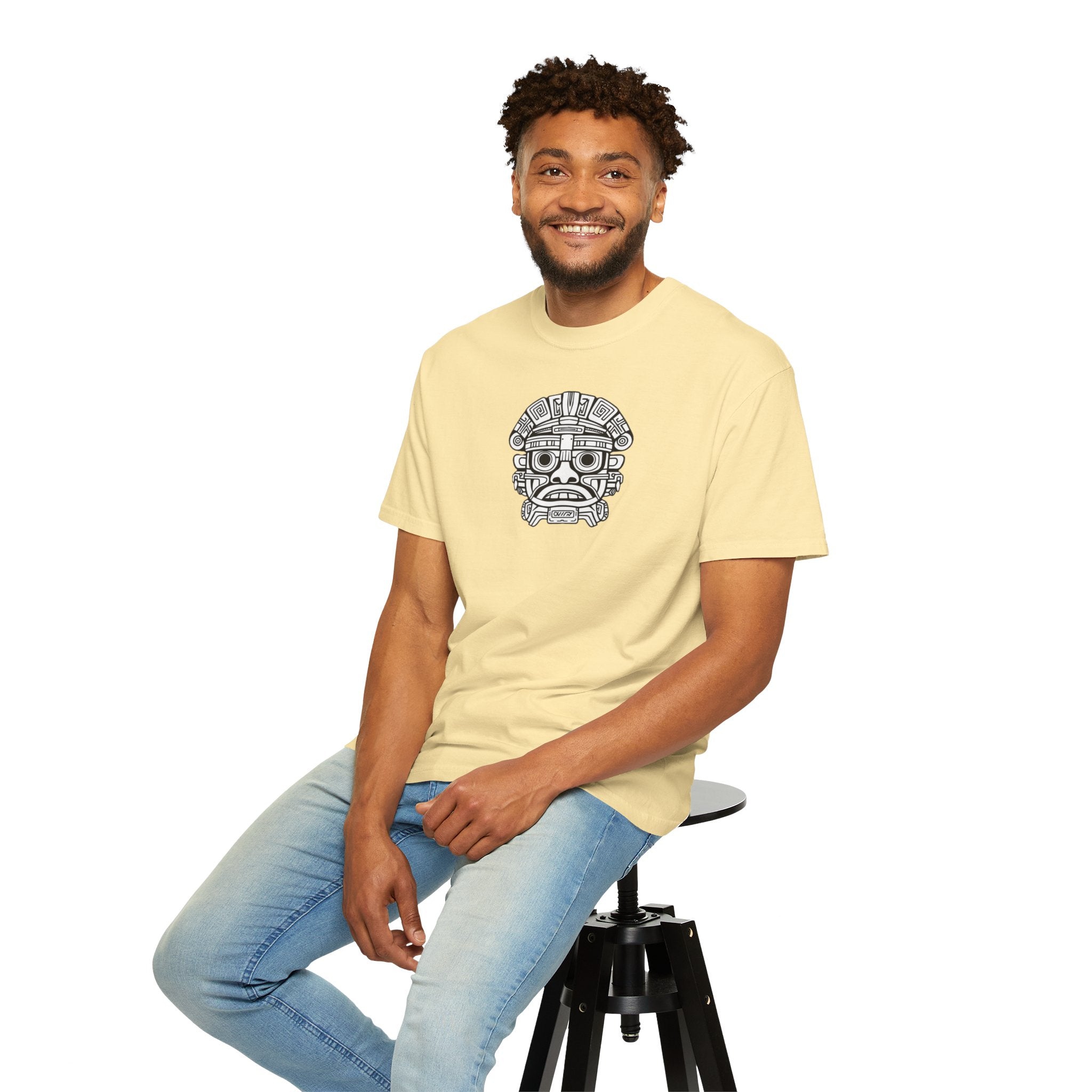 Aztec Mask Graphic T-Shirt — Tribal Face Illustration Tee