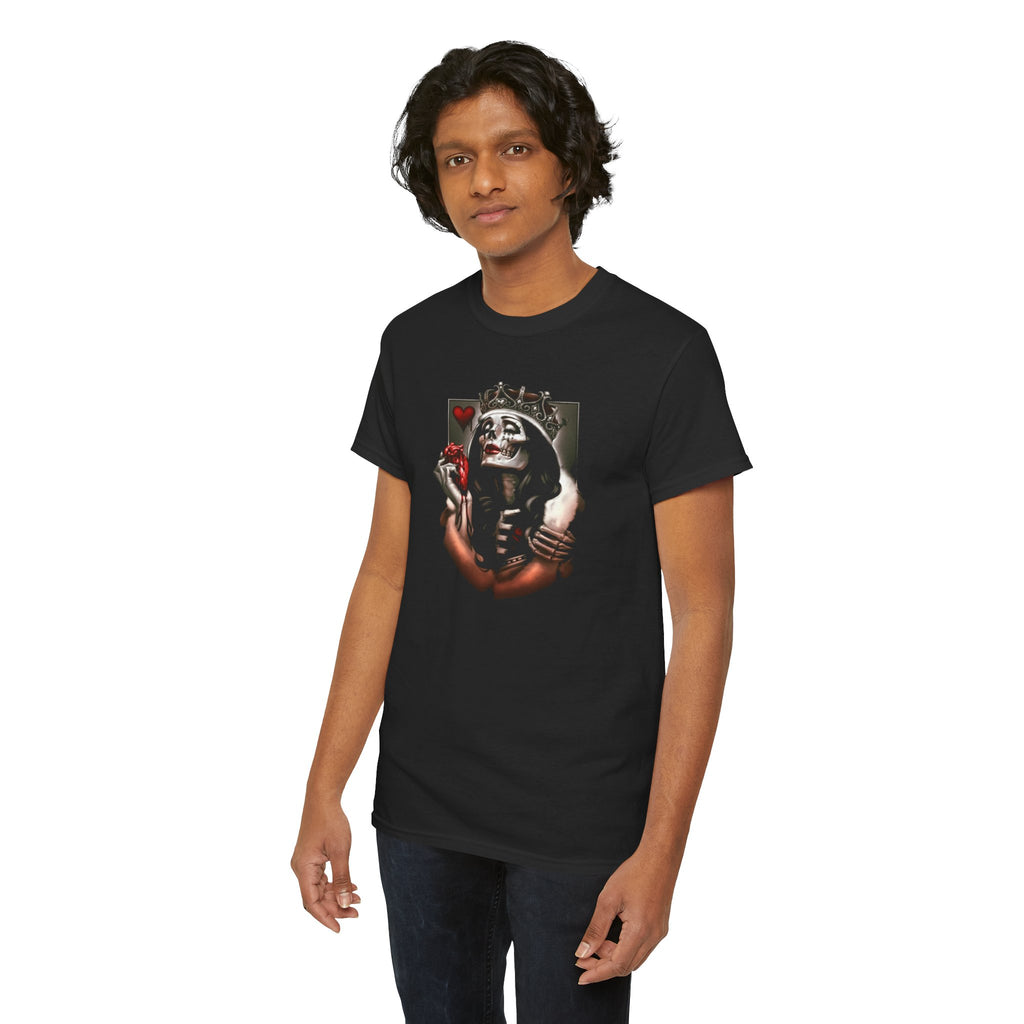 Skull Queen Holding Heart T-Shirt — Gothic Crowned Skeleton Graphic Tee
