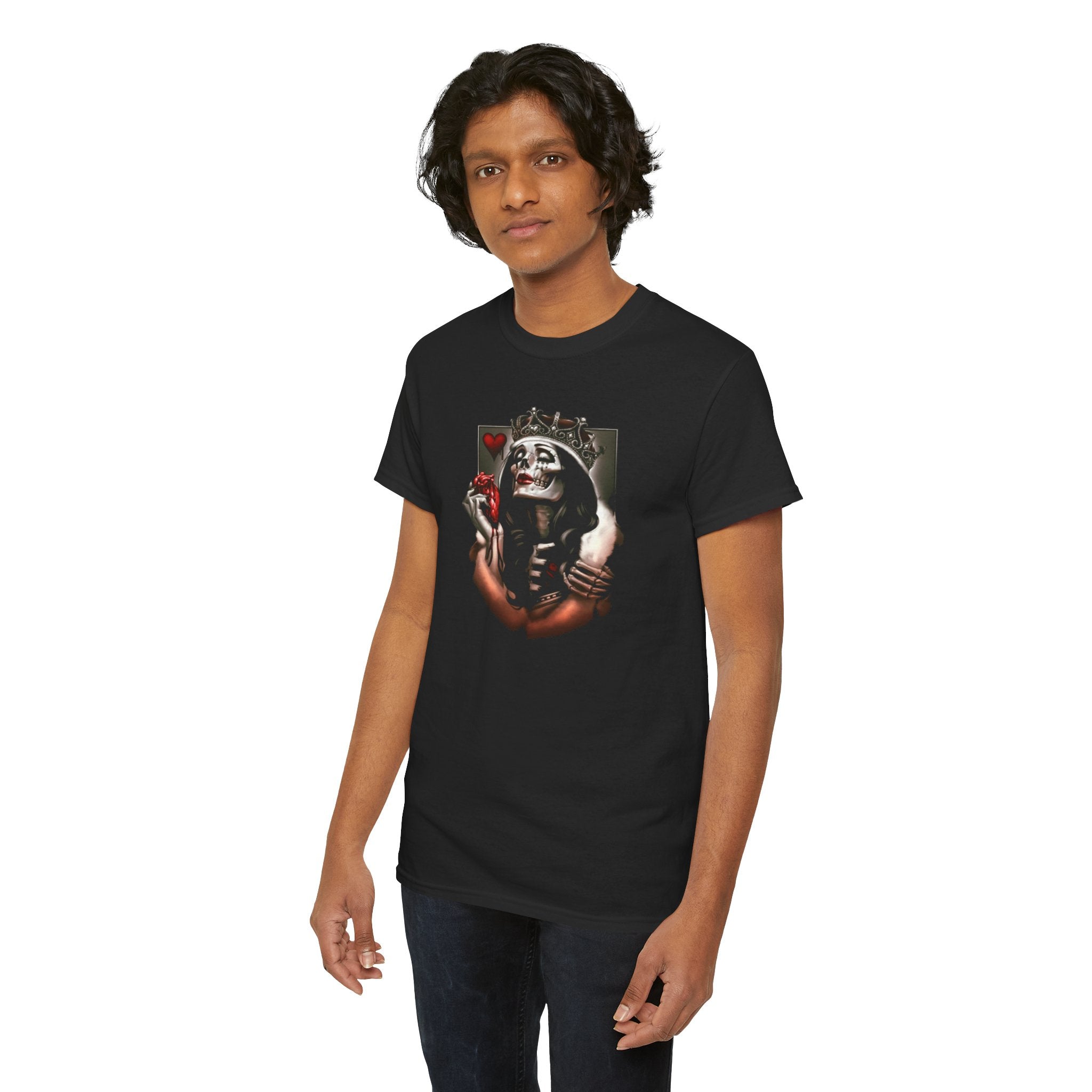 Skull Queen Holding Heart T-Shirt — Gothic Crowned Skeleton Graphic Tee