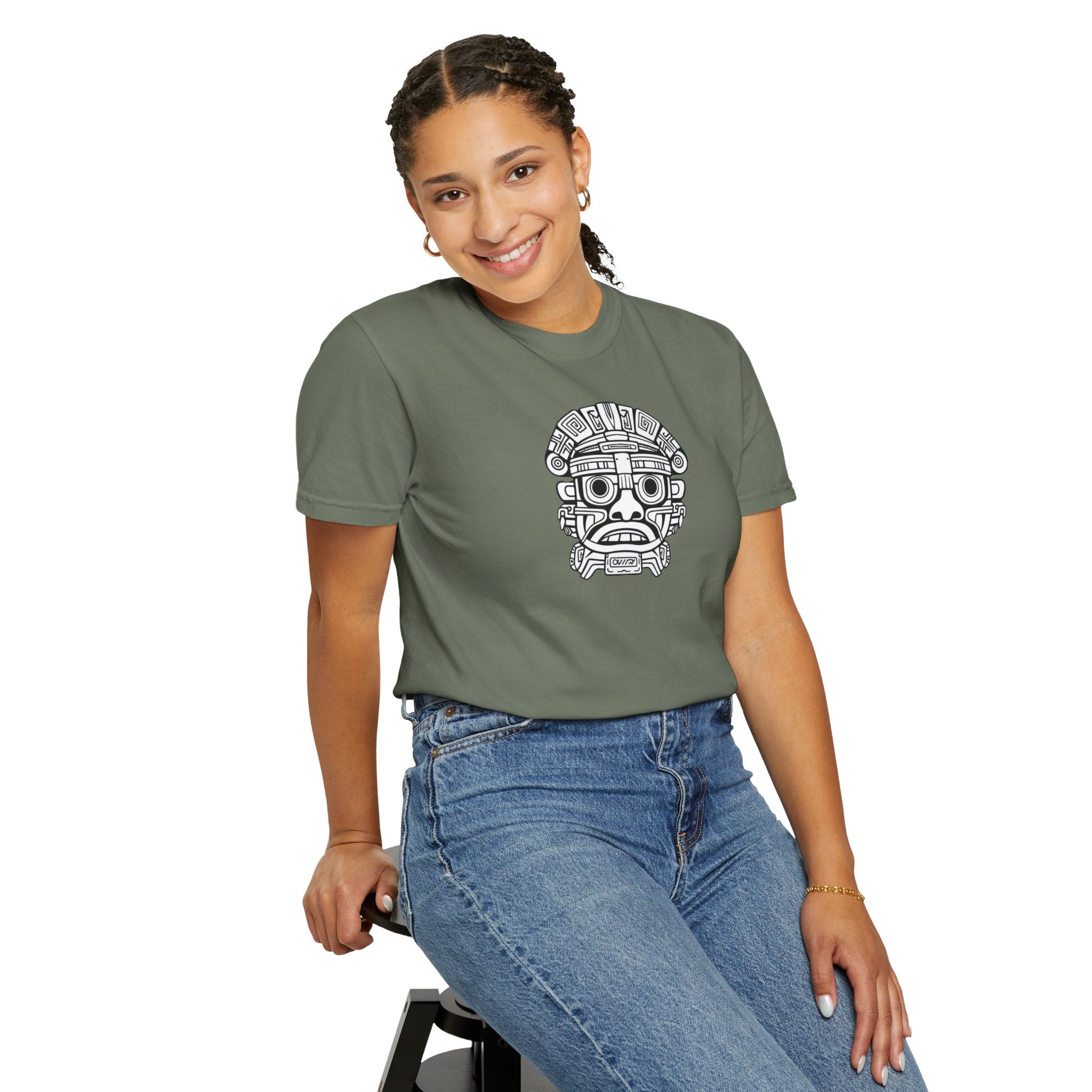 Aztec Mask Graphic T-Shirt — Tribal Face Illustration Tee