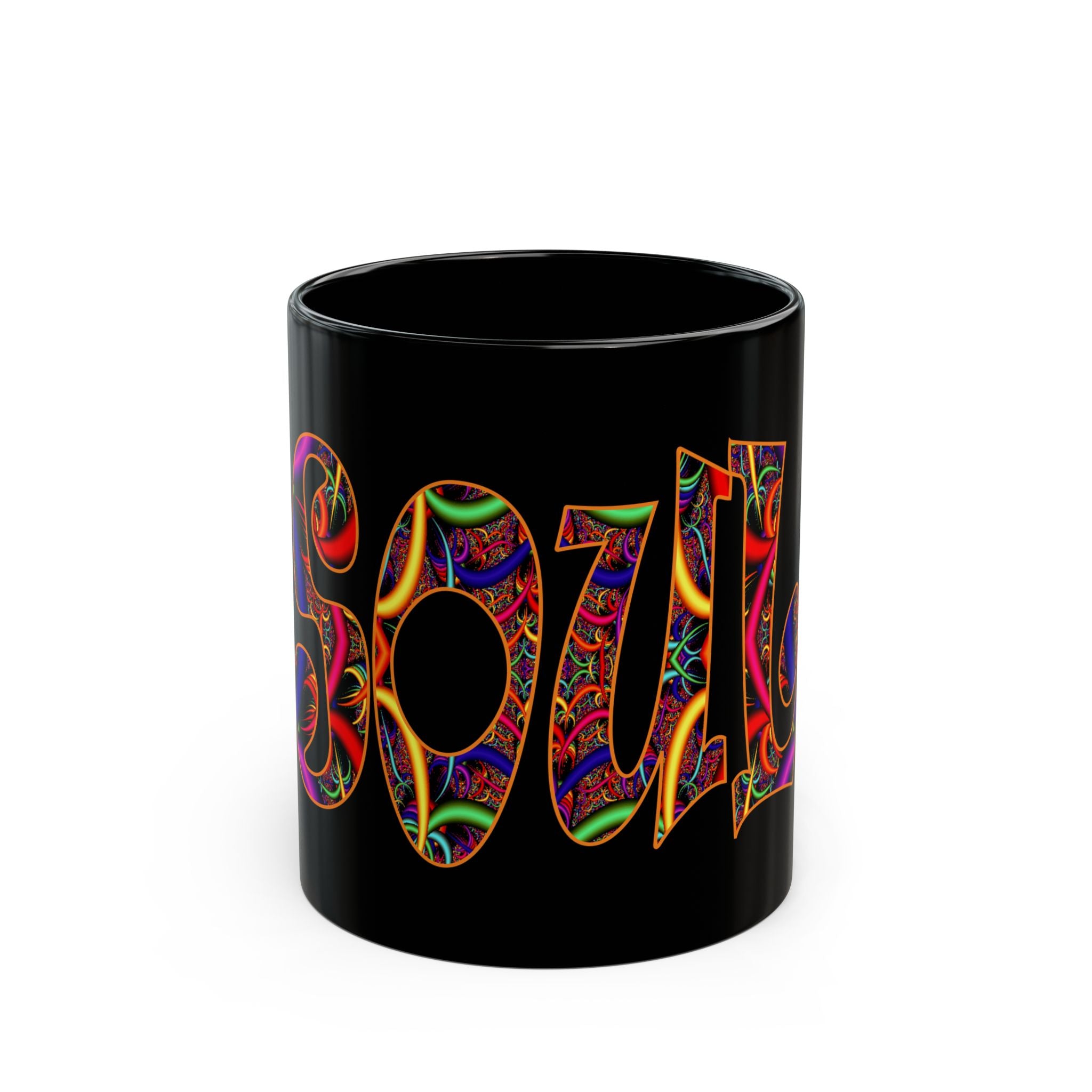 Spiritual Soul Black Mug — Colorful Psychedelic "Soul" Design (11oz/15oz)