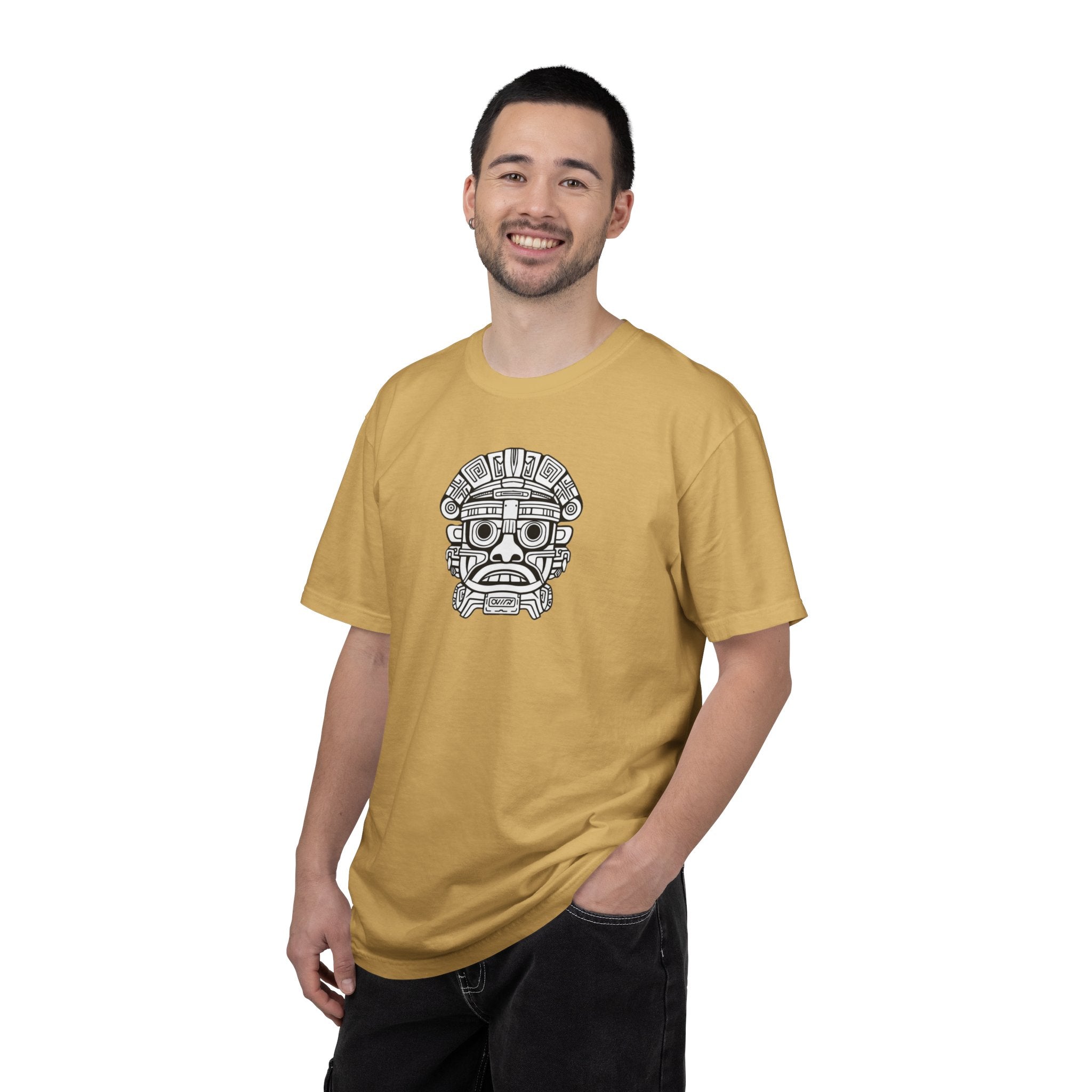 Aztec Mask Graphic T-Shirt — Tribal Face Illustration Tee