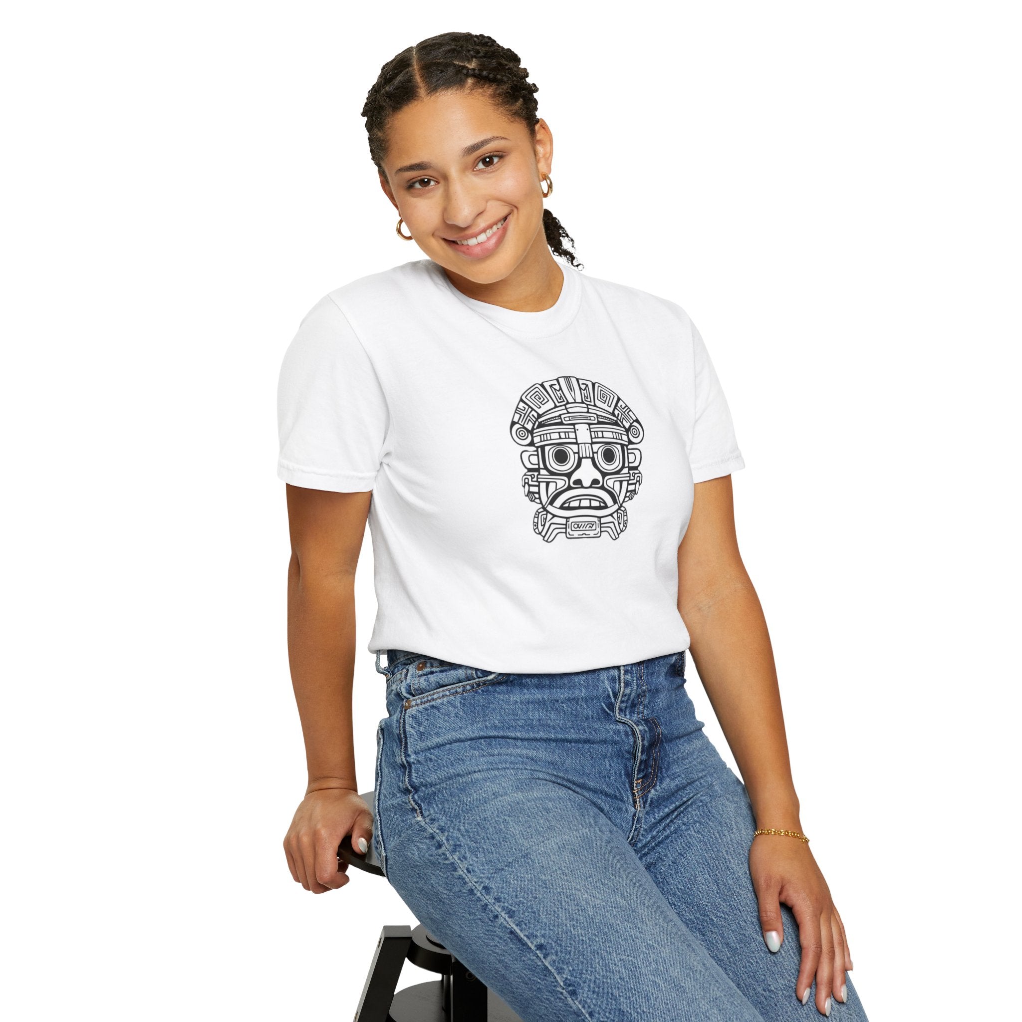 Aztec Mask Graphic T-Shirt — Tribal Face Illustration Tee