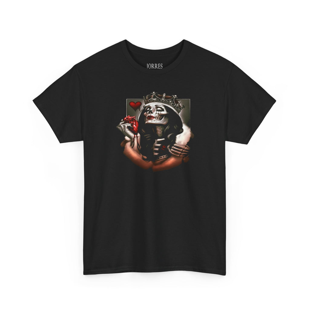 Skull Queen Holding Heart T-Shirt — Gothic Crowned Skeleton Graphic Tee