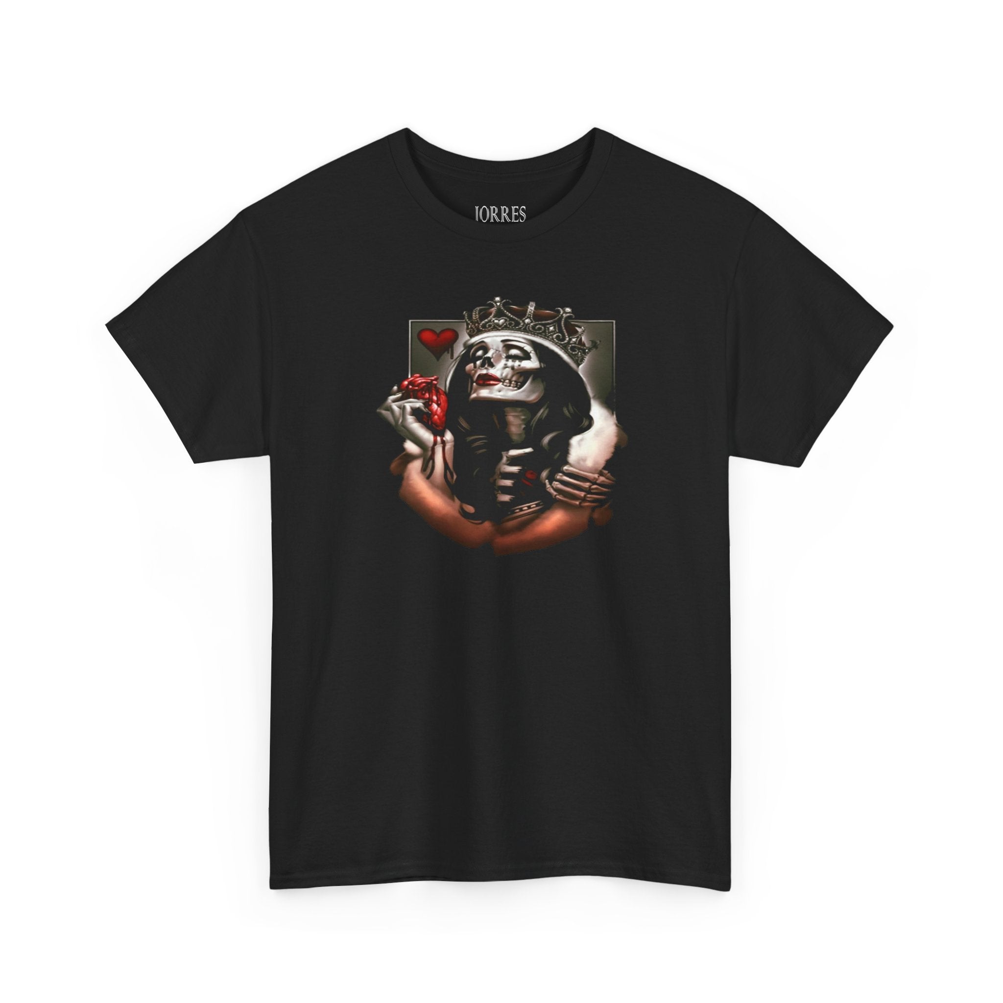 Skull Queen Holding Heart T-Shirt — Gothic Crowned Skeleton Graphic Tee