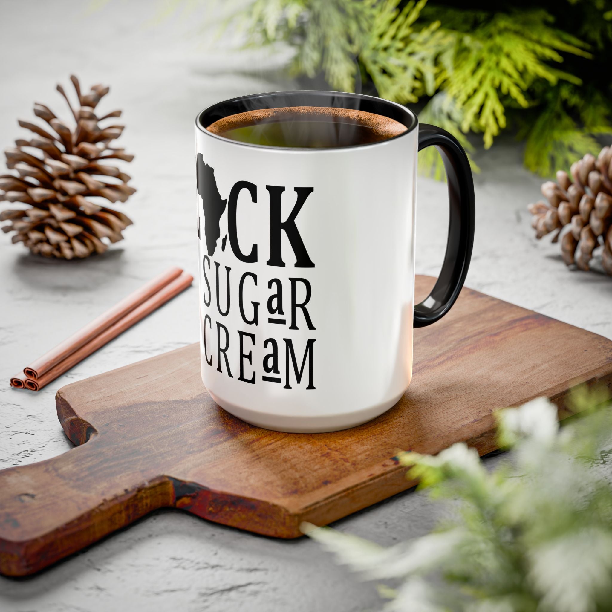 Black No Sugar No Cream Coffee Mug — Bold Afro Map Design (11oz, 15oz)