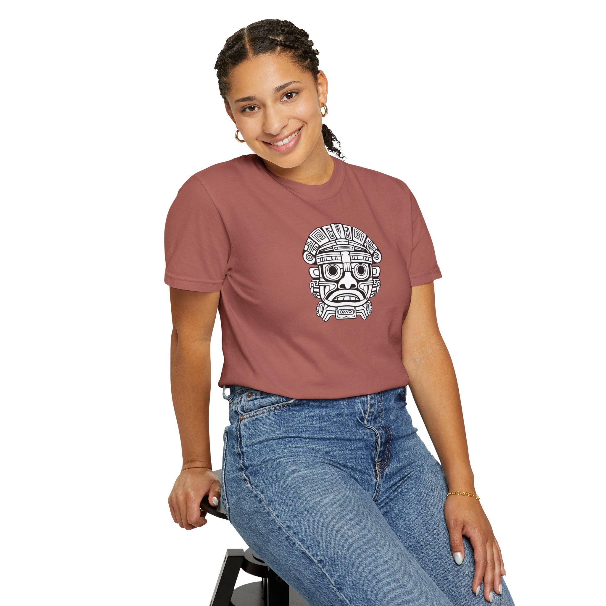 Aztec Mask Graphic T-Shirt — Tribal Face Illustration Tee