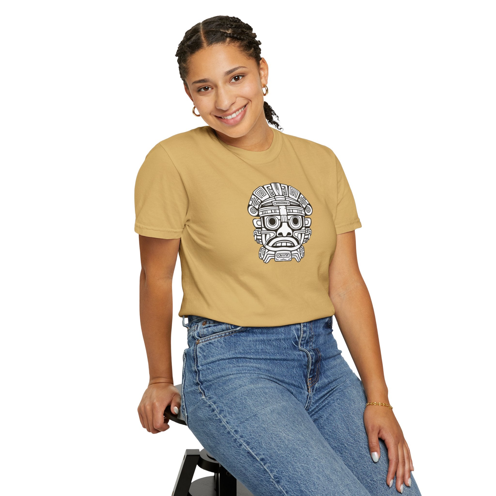 Aztec Mask Graphic T-Shirt — Tribal Face Illustration Tee