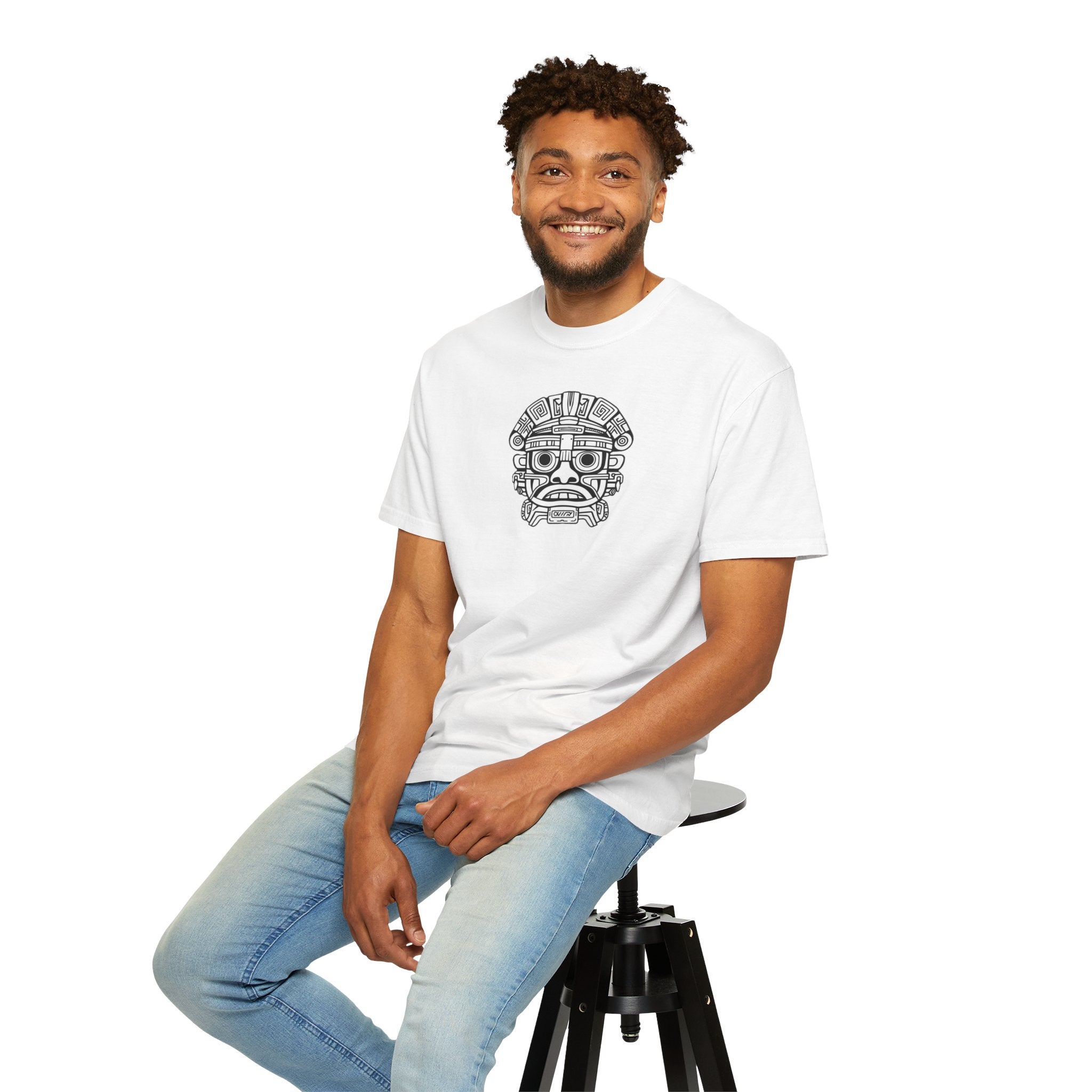 Aztec Mask Graphic T-Shirt — Tribal Face Illustration Tee