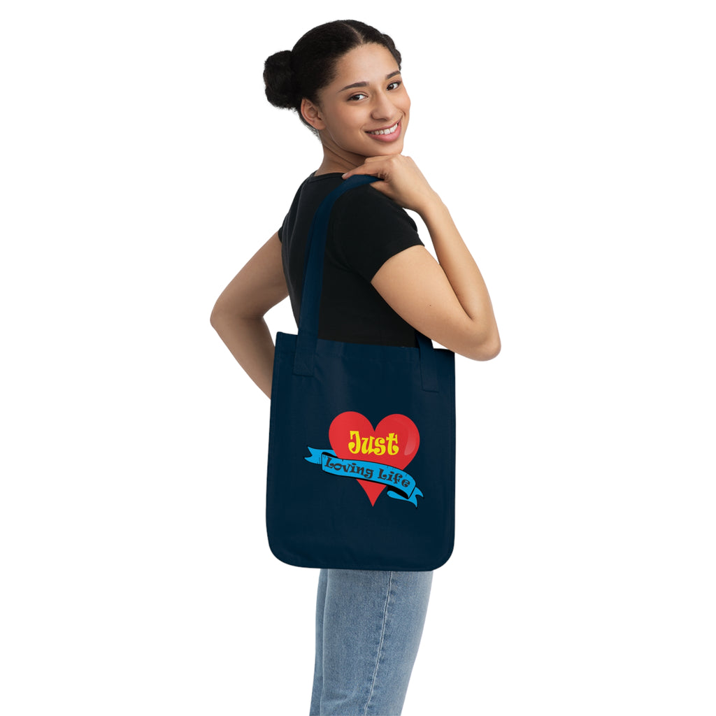 Just Loving Life Organic Canvas Tote Bag – Heart Ribbon Positive Message Eco Tote