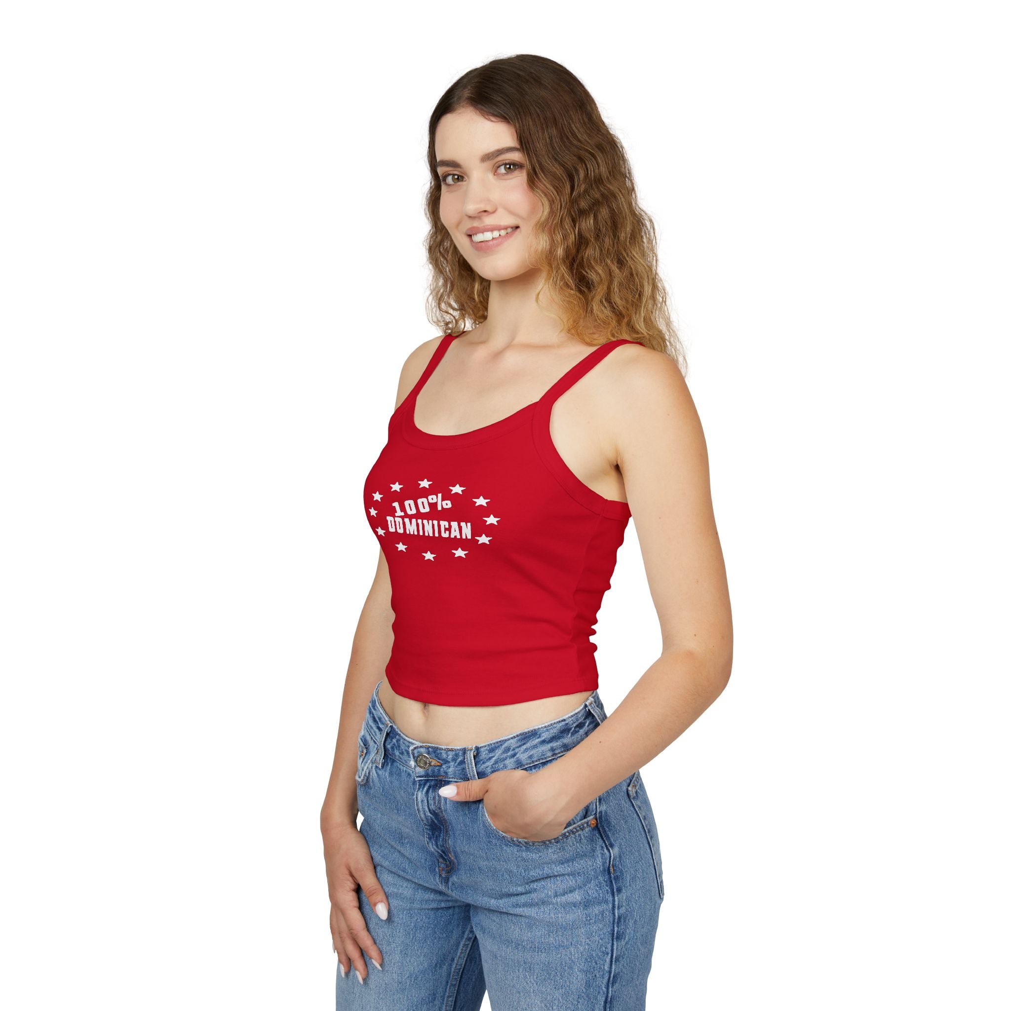 100% Dominican Women's Spaghetti Tank Top — Patriotic Island Pride Crop