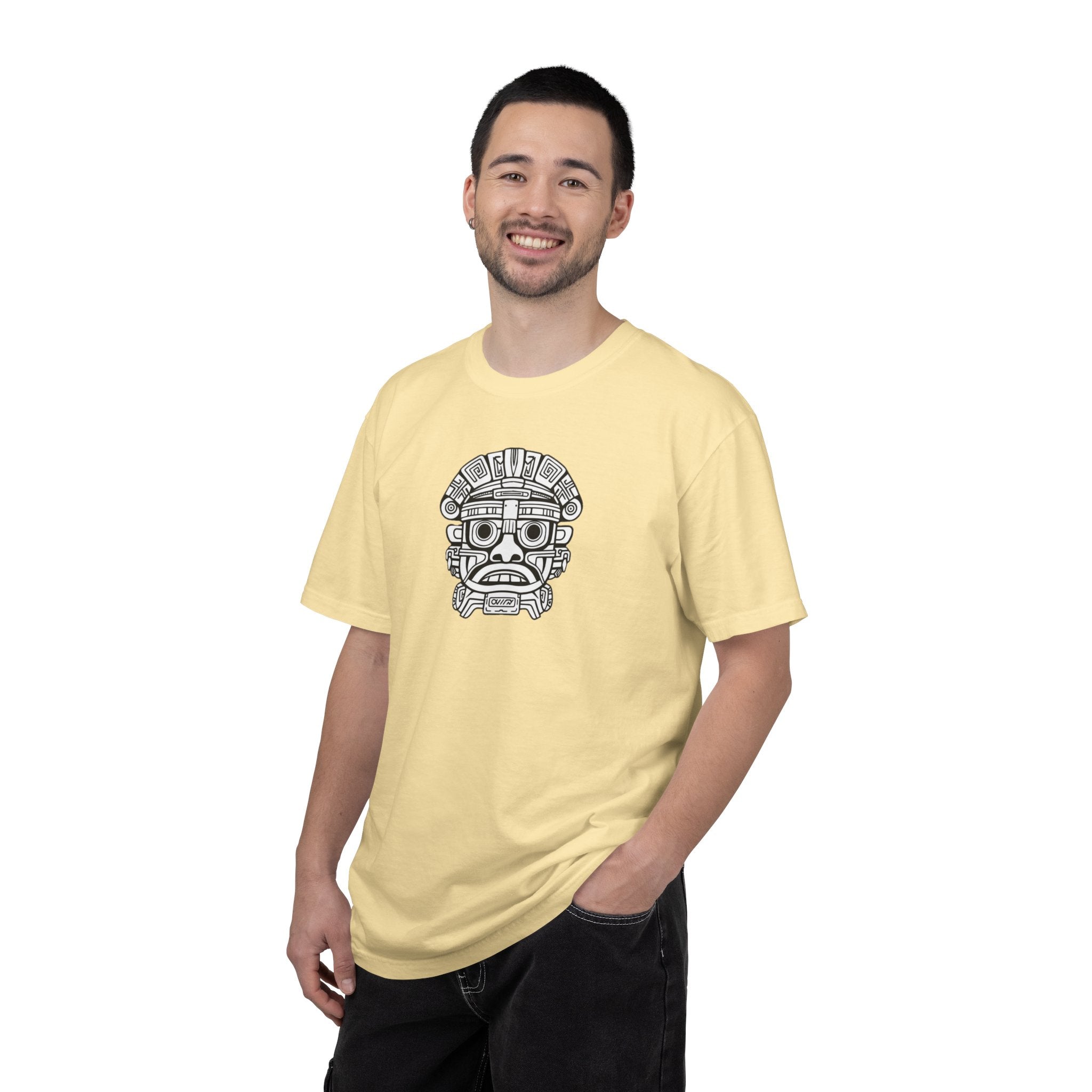 Aztec Mask Graphic T-Shirt — Tribal Face Illustration Tee