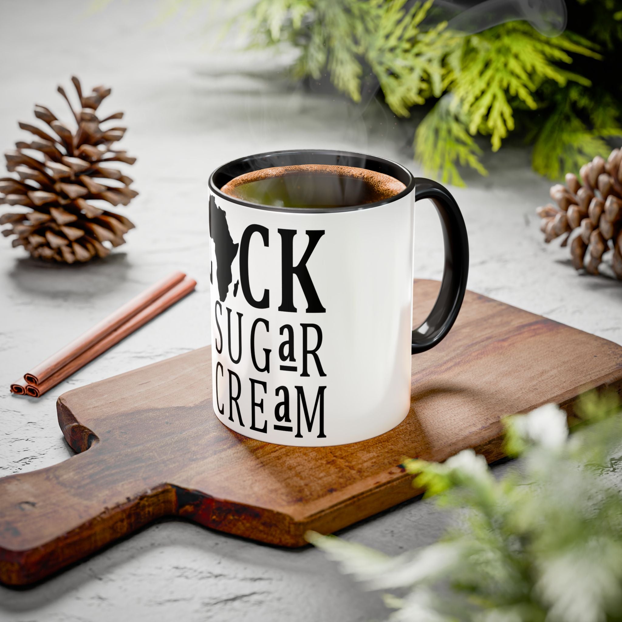 Black No Sugar No Cream Coffee Mug — Bold Afro Map Design (11oz, 15oz)