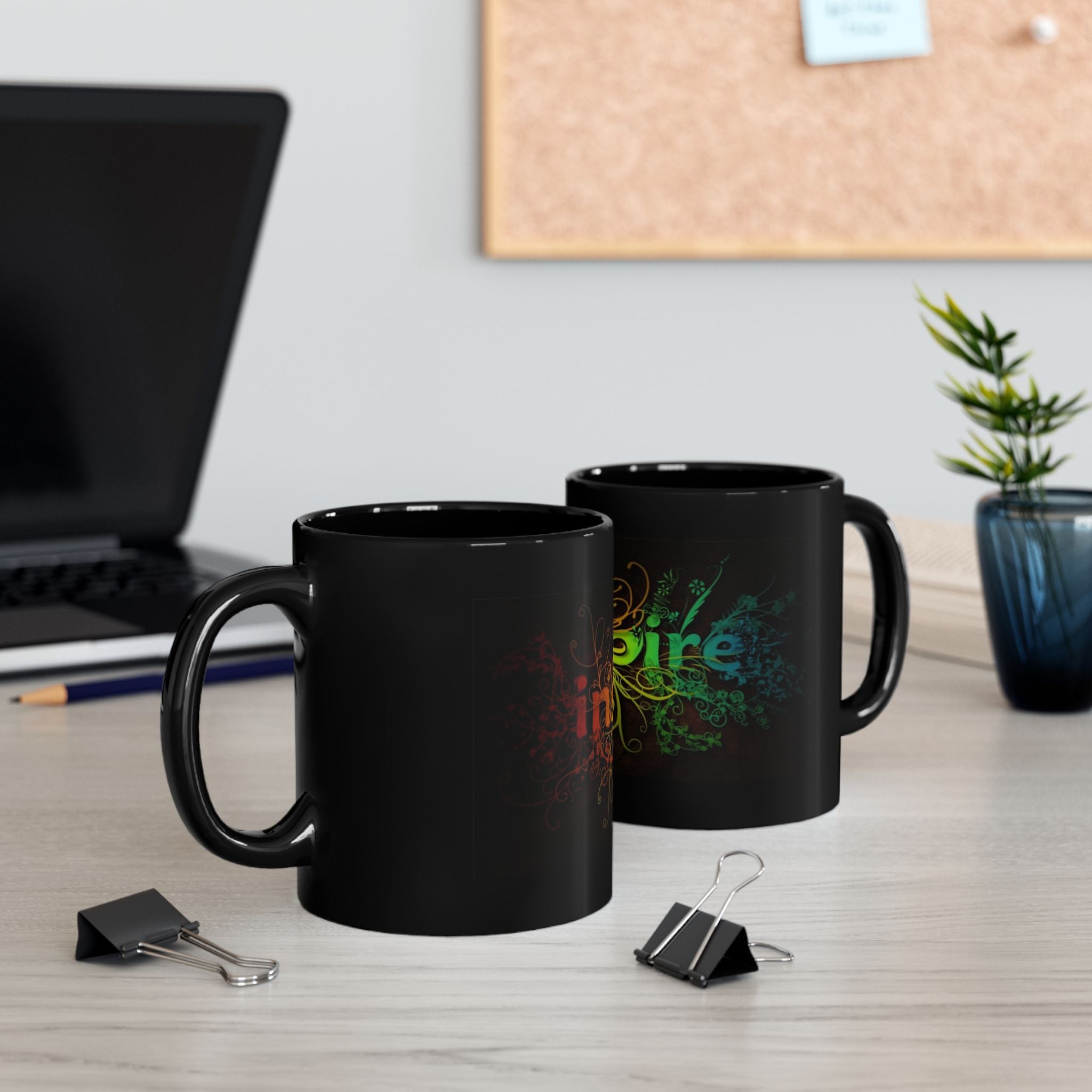 Inspirational 'Inspire' Black Coffee Mug — Colorful Floral Typography (11oz & 15oz)