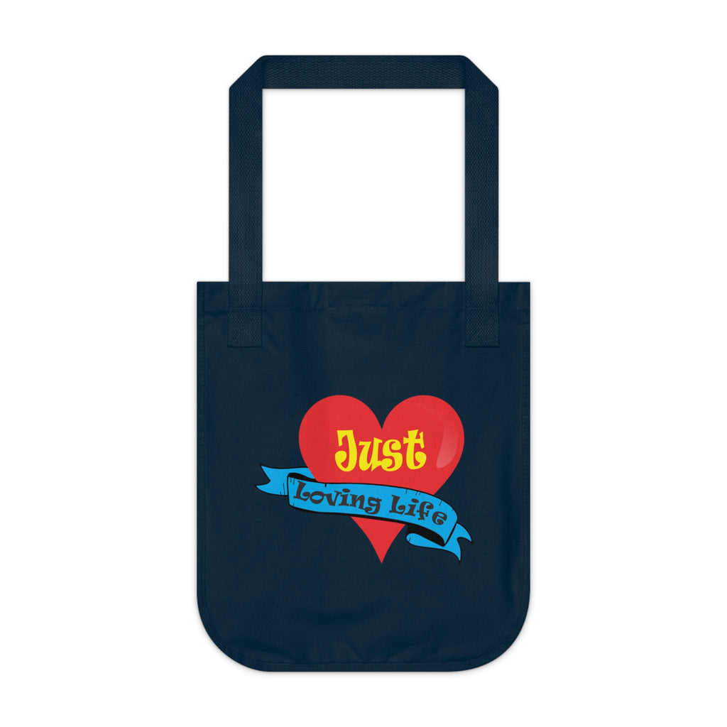 Just Loving Life Organic Canvas Tote Bag – Heart Ribbon Positive Message Eco Tote