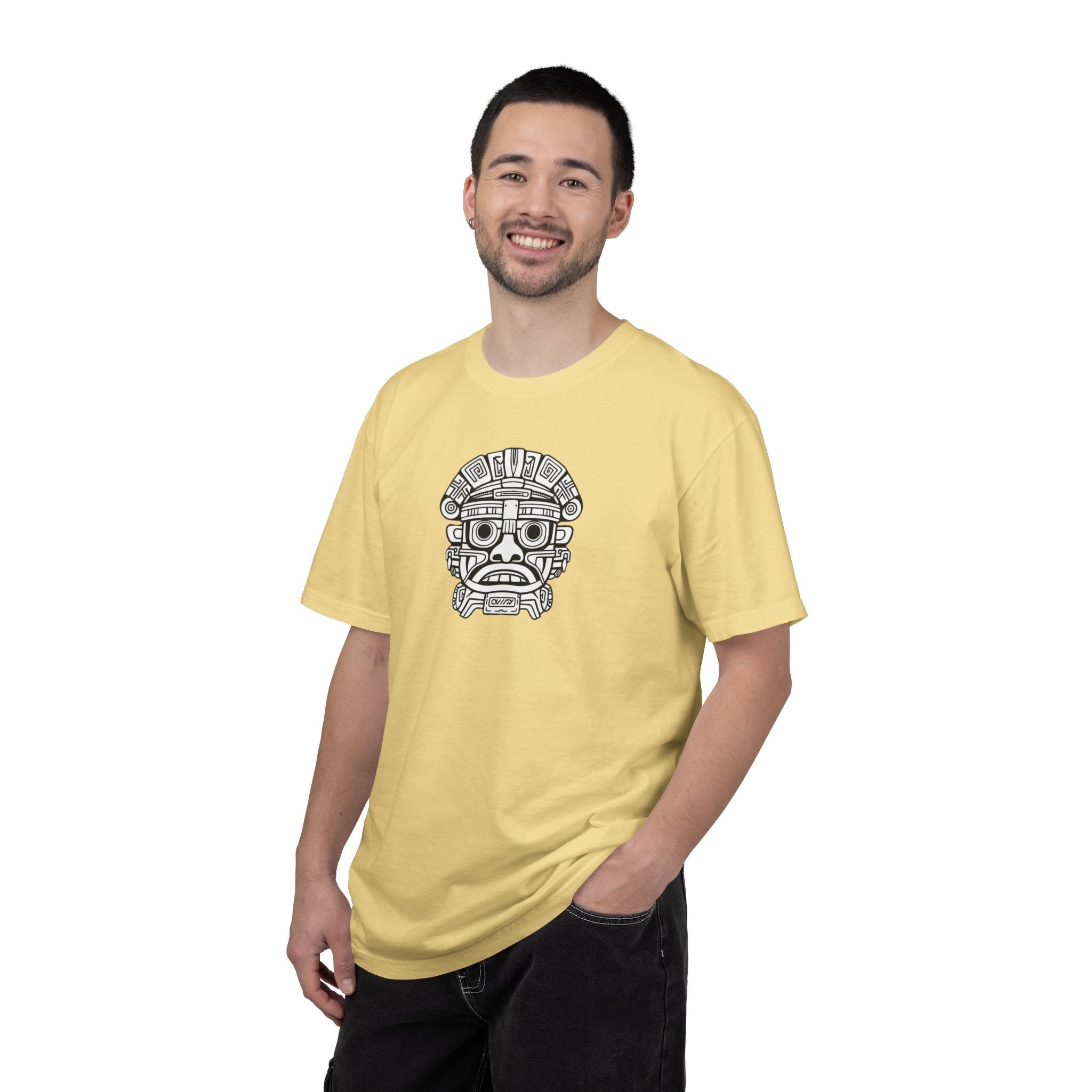 Aztec Mask Graphic T-Shirt — Tribal Face Illustration Tee