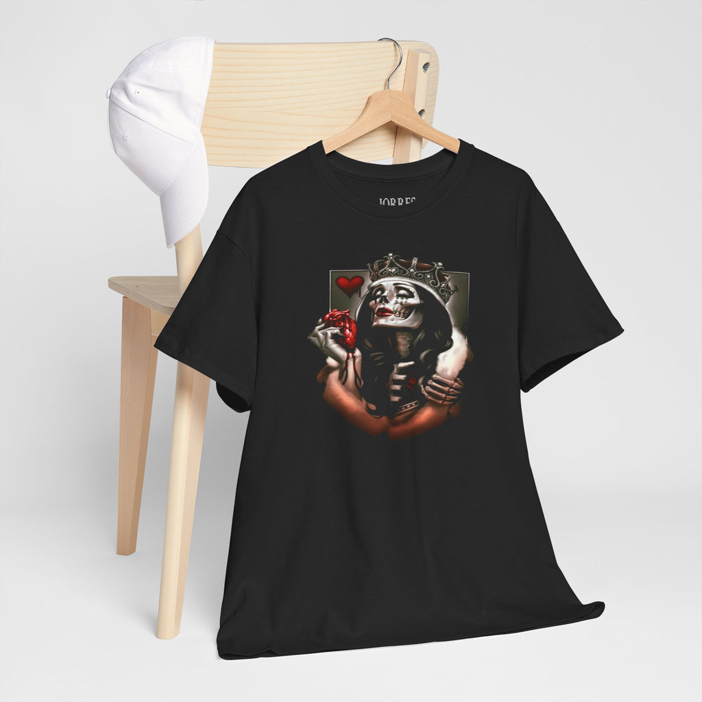 Skull Queen Holding Heart T-Shirt — Gothic Crowned Skeleton Graphic Tee